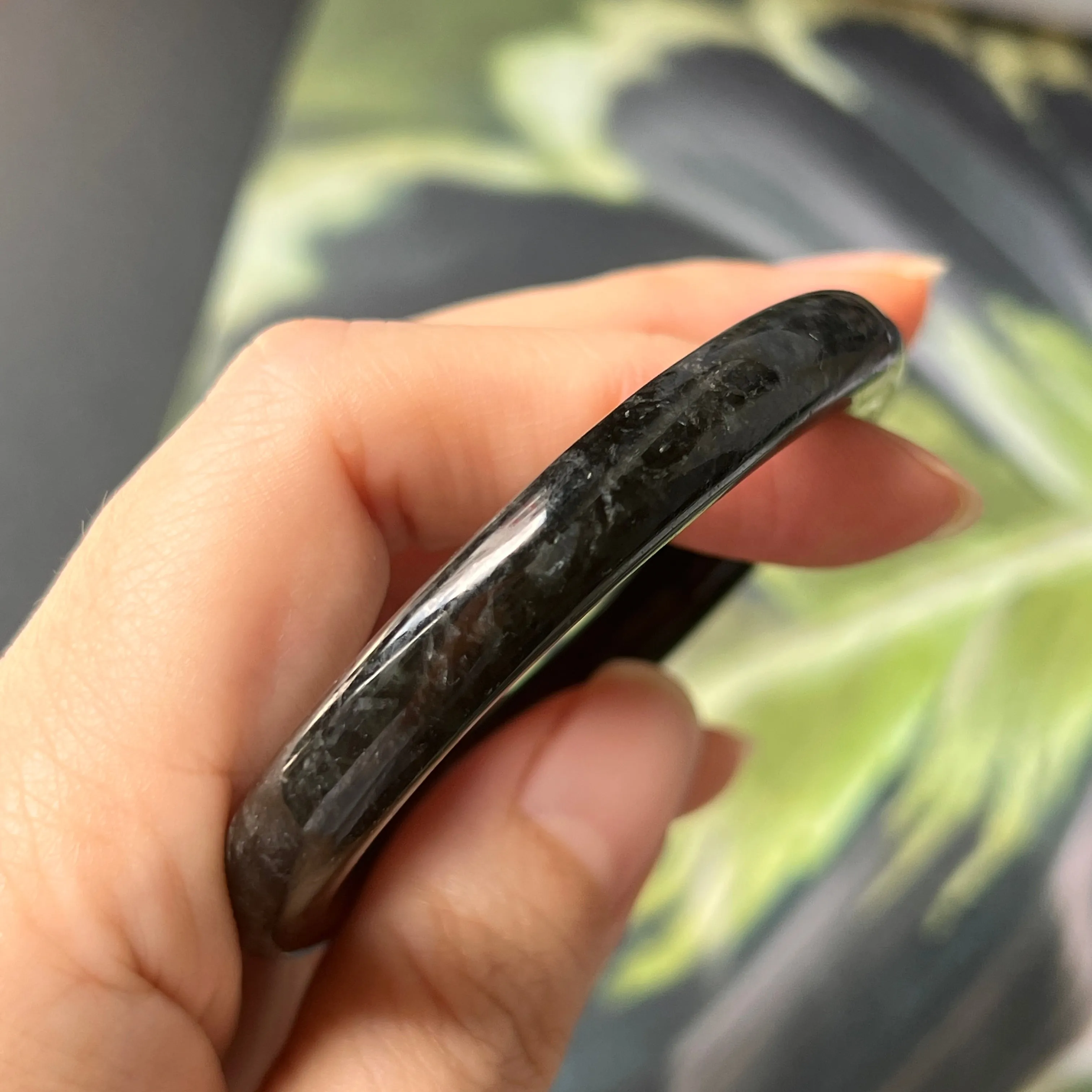 51.5mm A-Grade Natural Black Jadeite Traditional Oval Bangle No. 152021