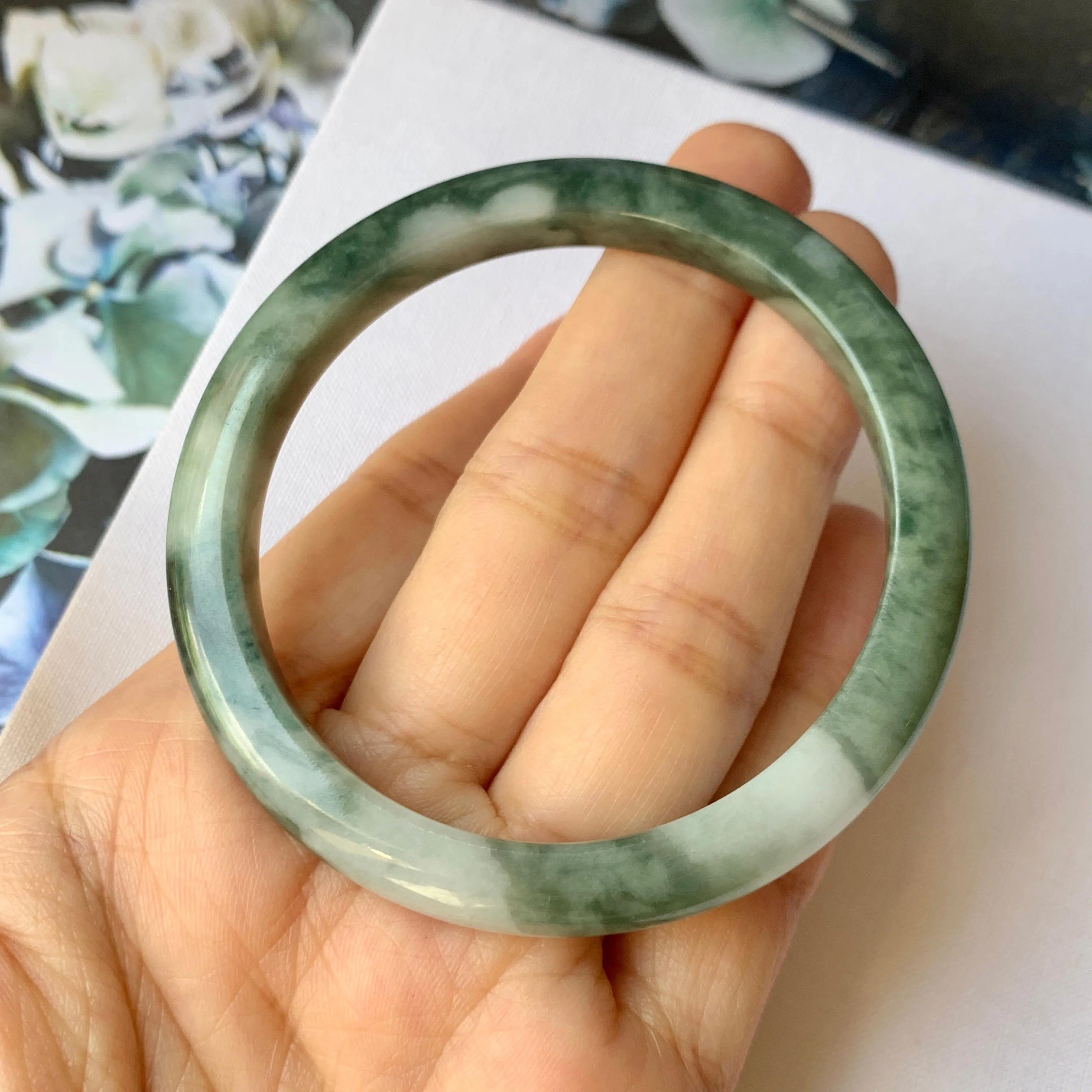 52.9mm A-Grade Natural Floral Bluish Green Jadeite Modern Round Bangle No.151935