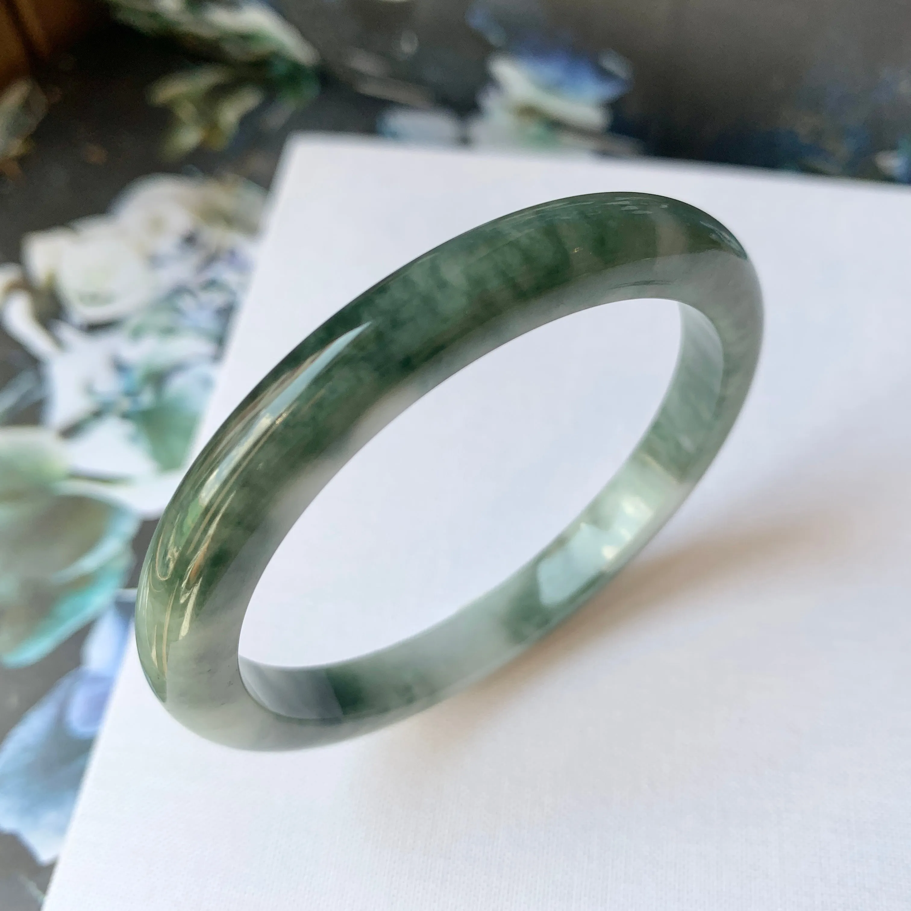 52.9mm A-Grade Natural Floral Bluish Green Jadeite Modern Round Bangle No.151935