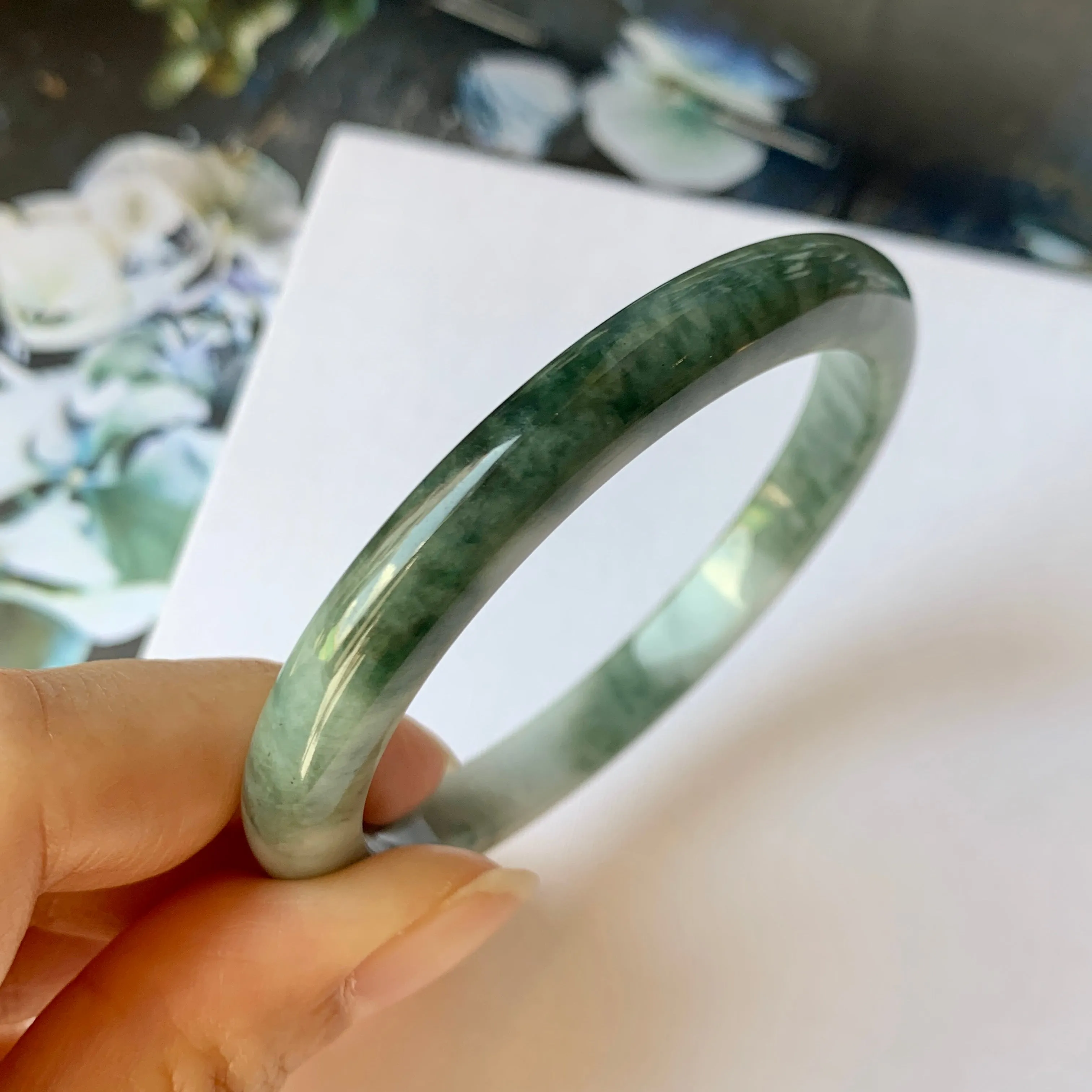 52.9mm A-Grade Natural Floral Bluish Green Jadeite Modern Round Bangle No.151935