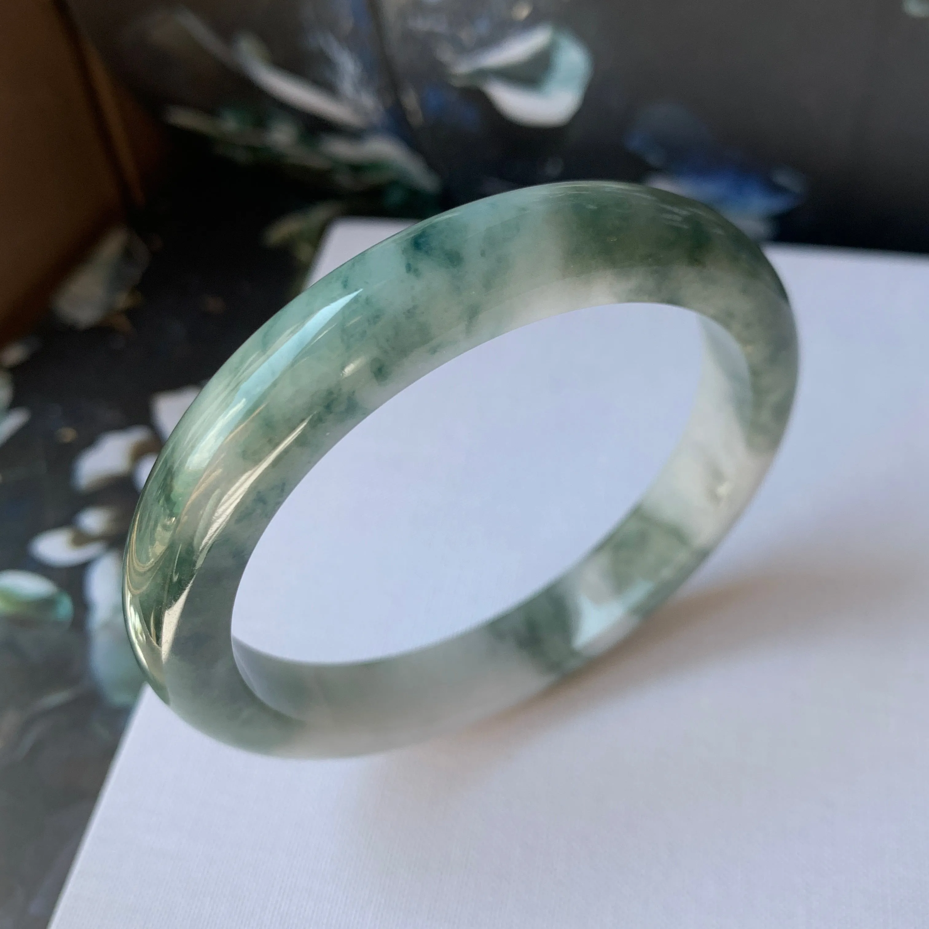 54.9mm A-Grade Natural Floral Bluish Green Jadeite Modern Round Bangle No.151937