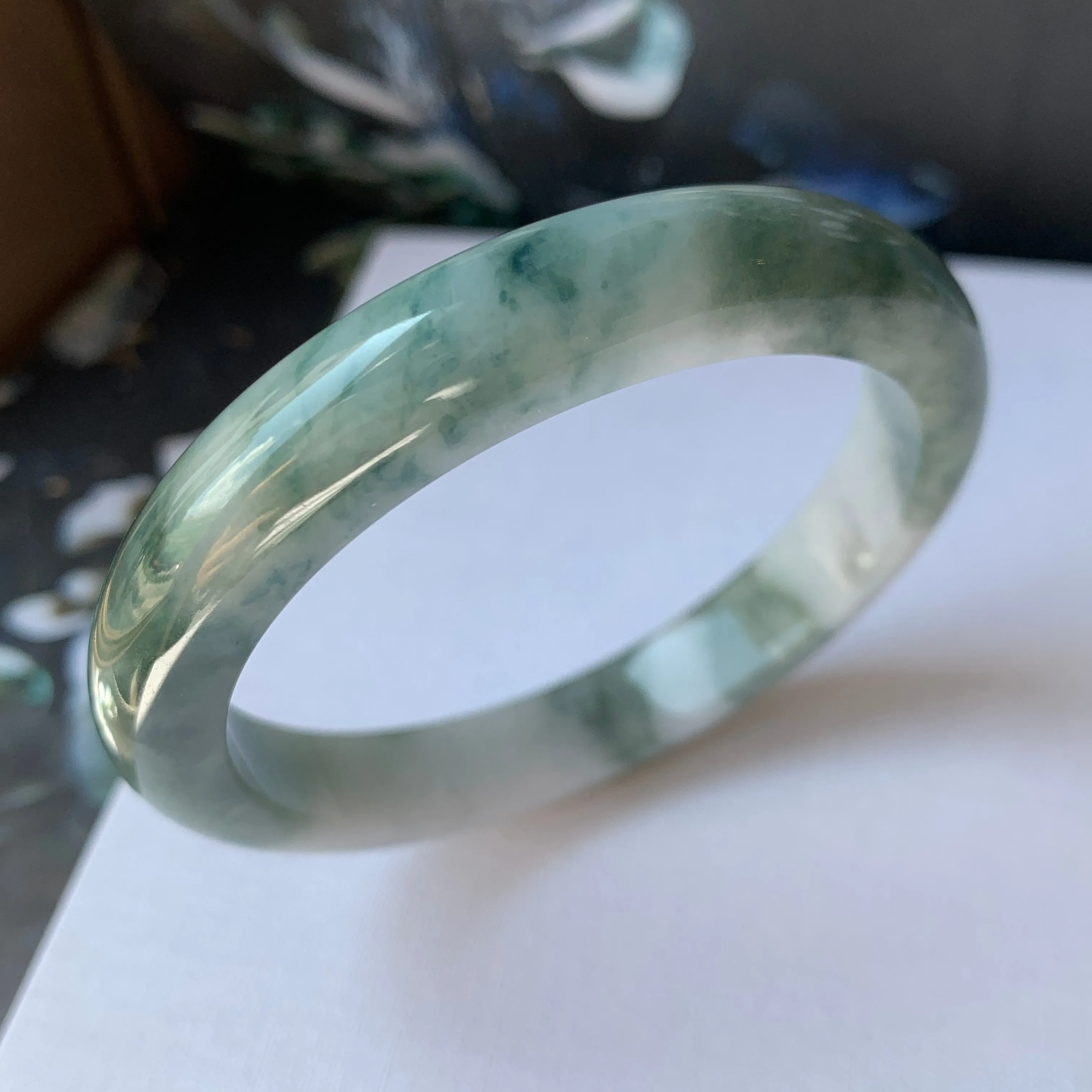 54.9mm A-Grade Natural Floral Bluish Green Jadeite Modern Round Bangle No.151937