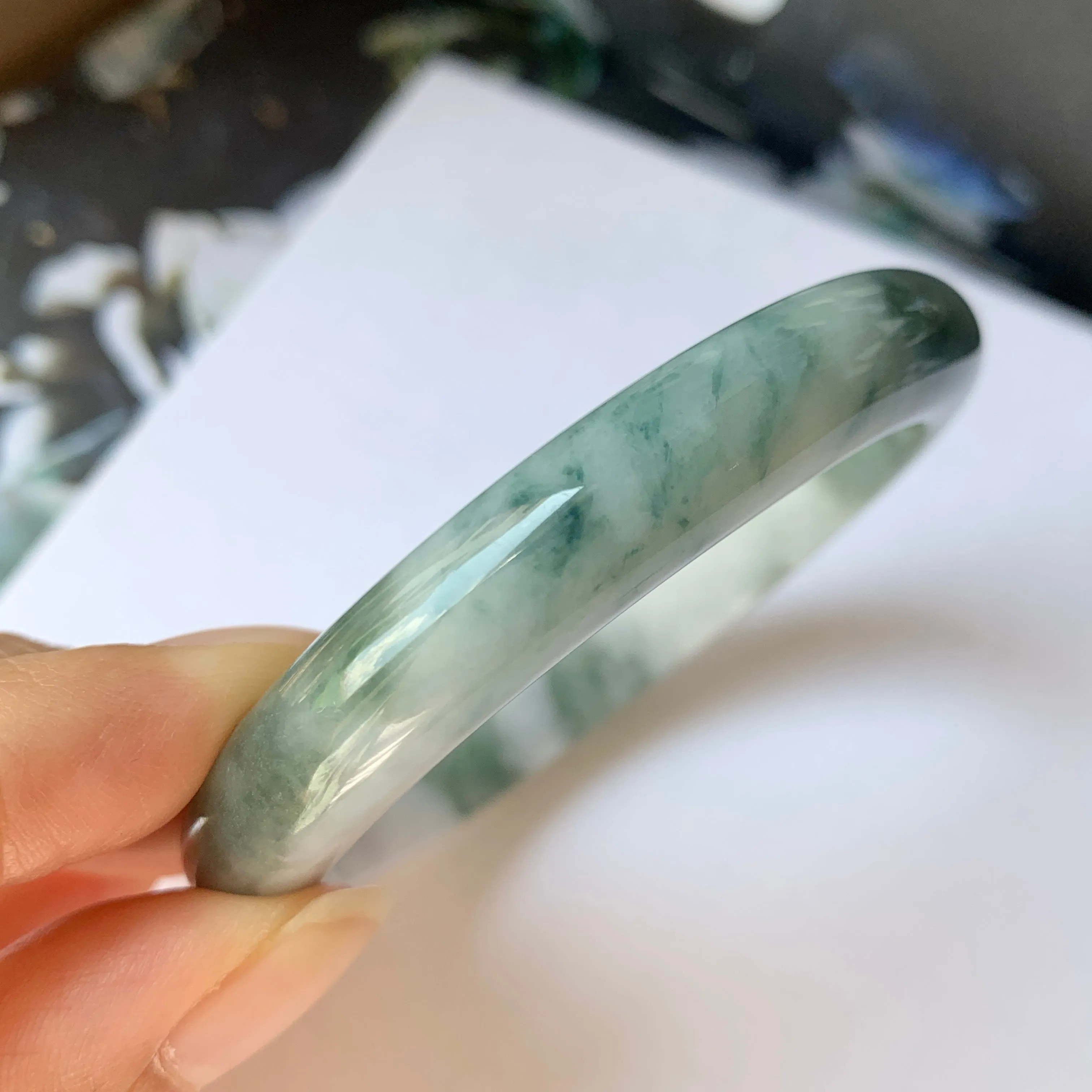 54.9mm A-Grade Natural Floral Bluish Green Jadeite Modern Round Bangle No.151937