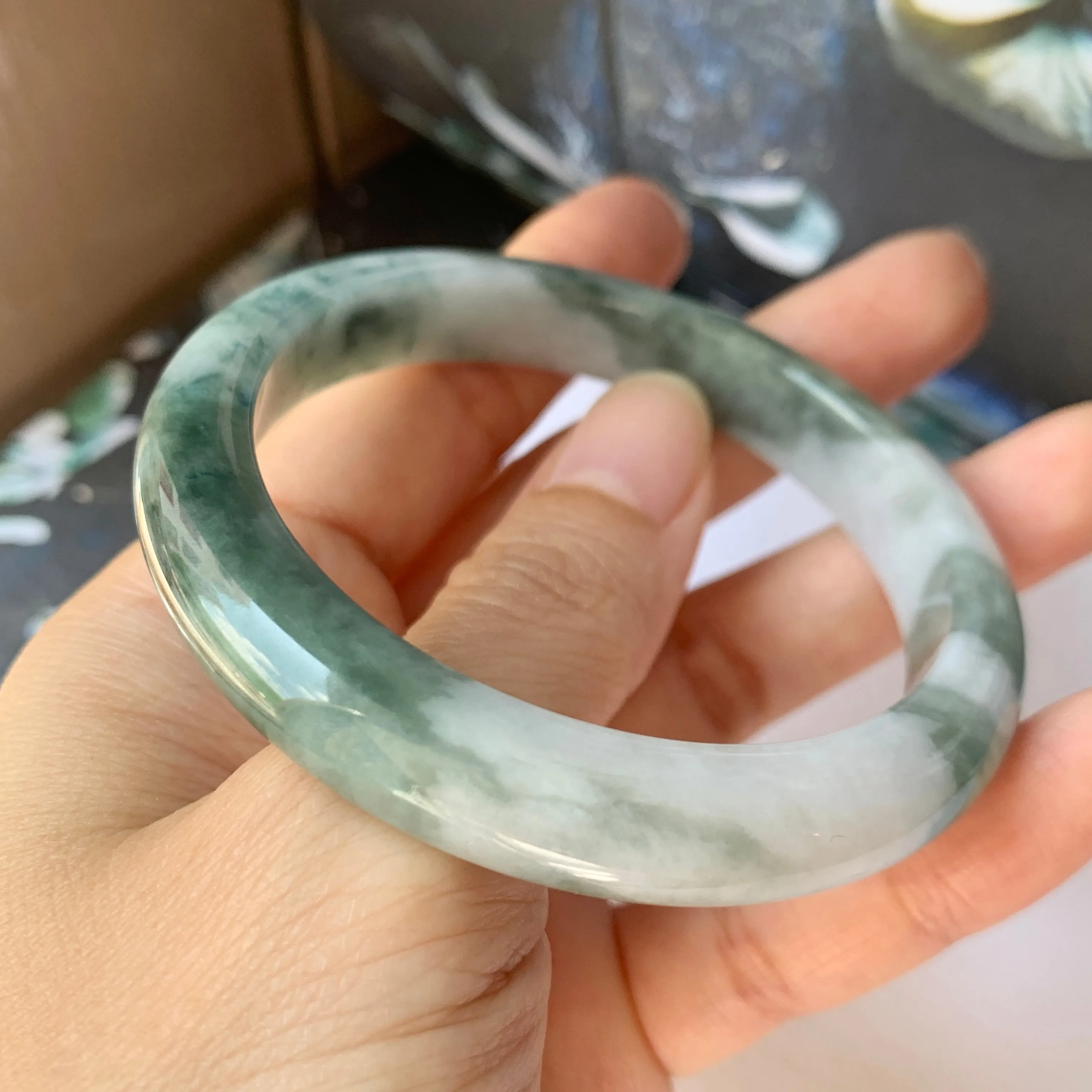 54.9mm A-Grade Natural Floral Bluish Green Jadeite Modern Round Bangle No.151937