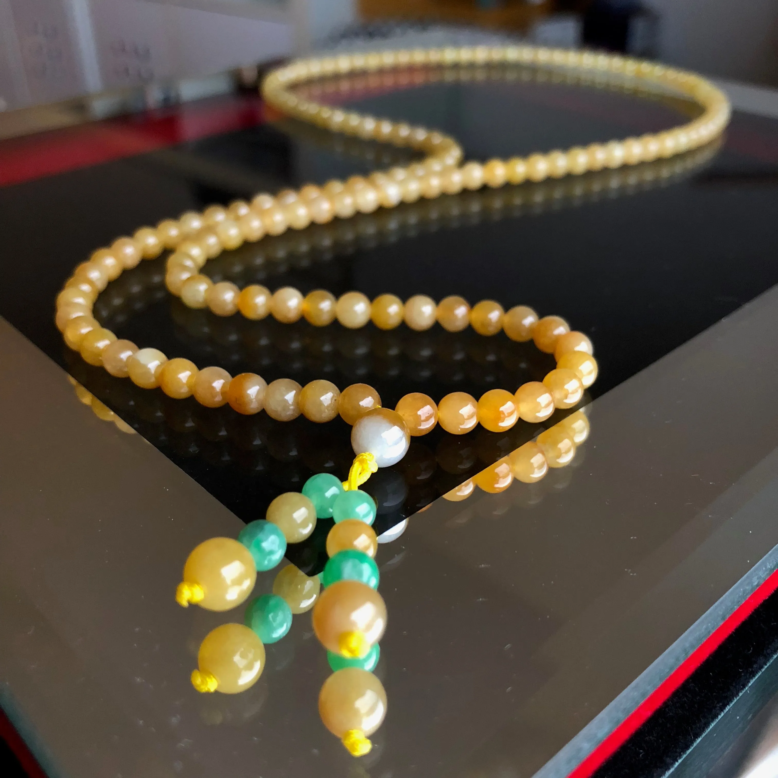 5.4mm A-Grade Type A Natural Golden Yellow Jadeite Jade Beaded Bracelet/ Necklace No.190116