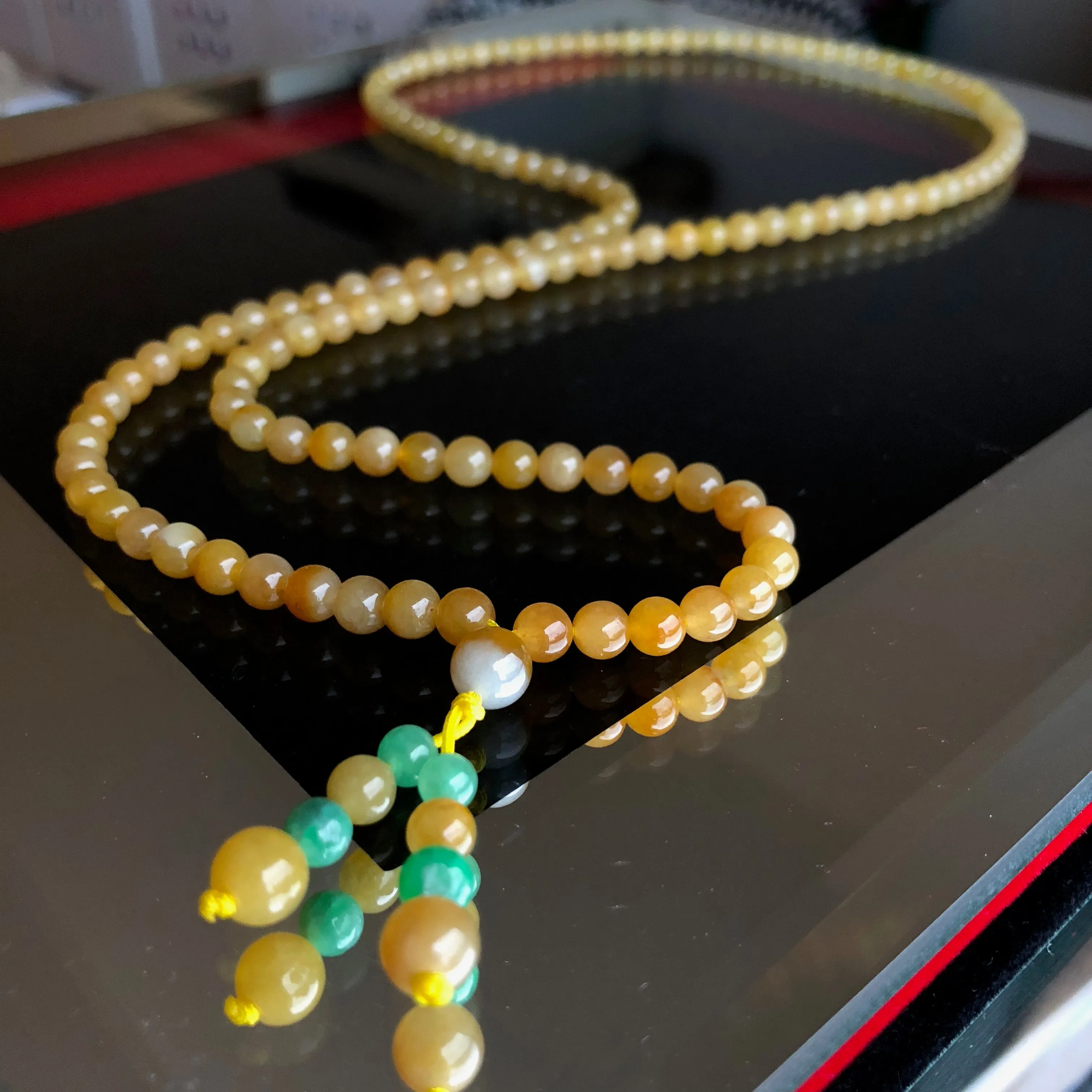 5.4mm A-Grade Type A Natural Golden Yellow Jadeite Jade Beaded Bracelet/ Necklace No.190116