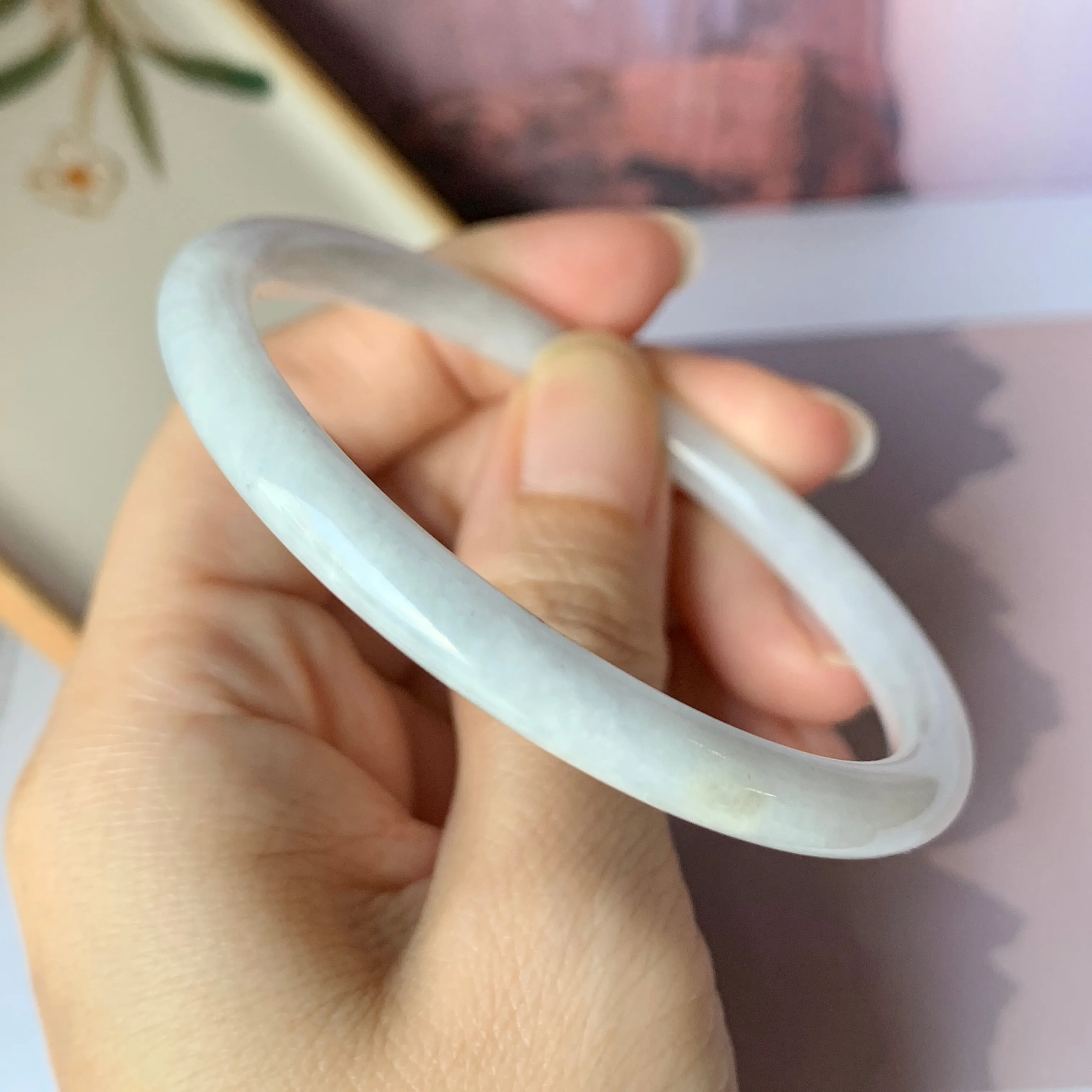 56.7mm A-Grade Natural Greyish White Jadeite Traditional Round Bangle No.151911