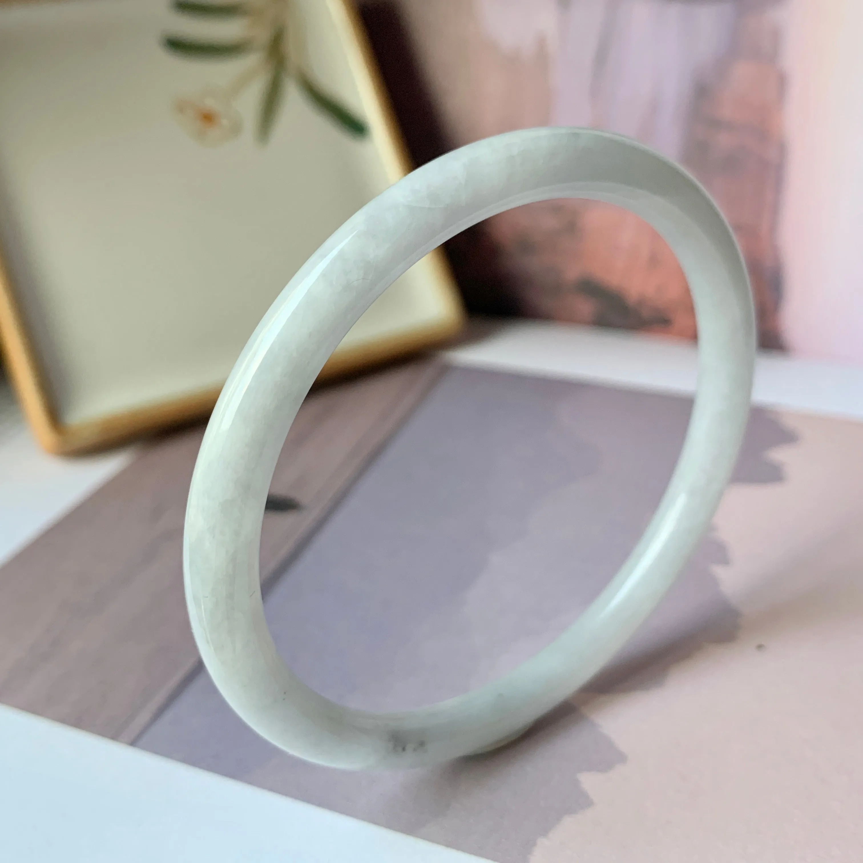 56.7mm A-Grade Natural Greyish White Jadeite Traditional Round Bangle No.151911