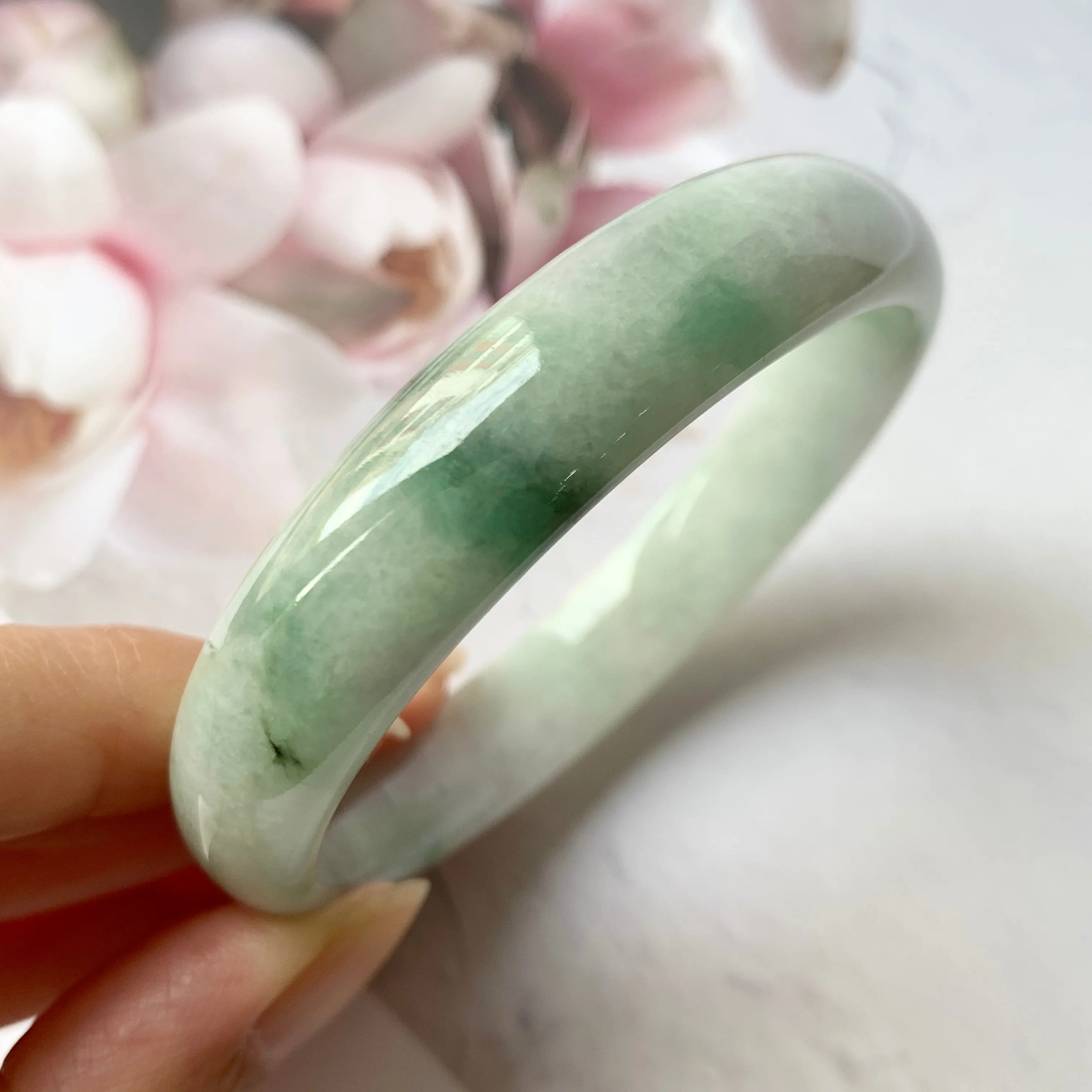 57.9mm A-Grade Natural Floral Jadeite Modern Round Bangle No.330033