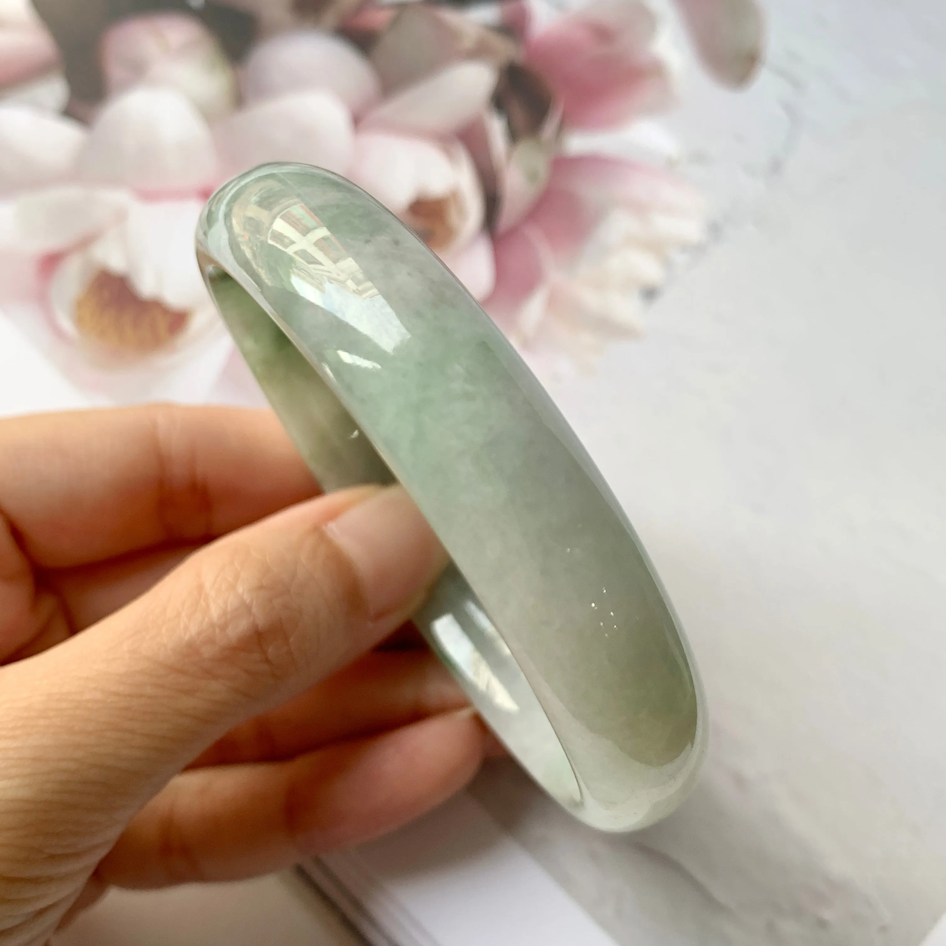 57.9mm A-Grade Natural Floral Jadeite Modern Round Bangle No.330033