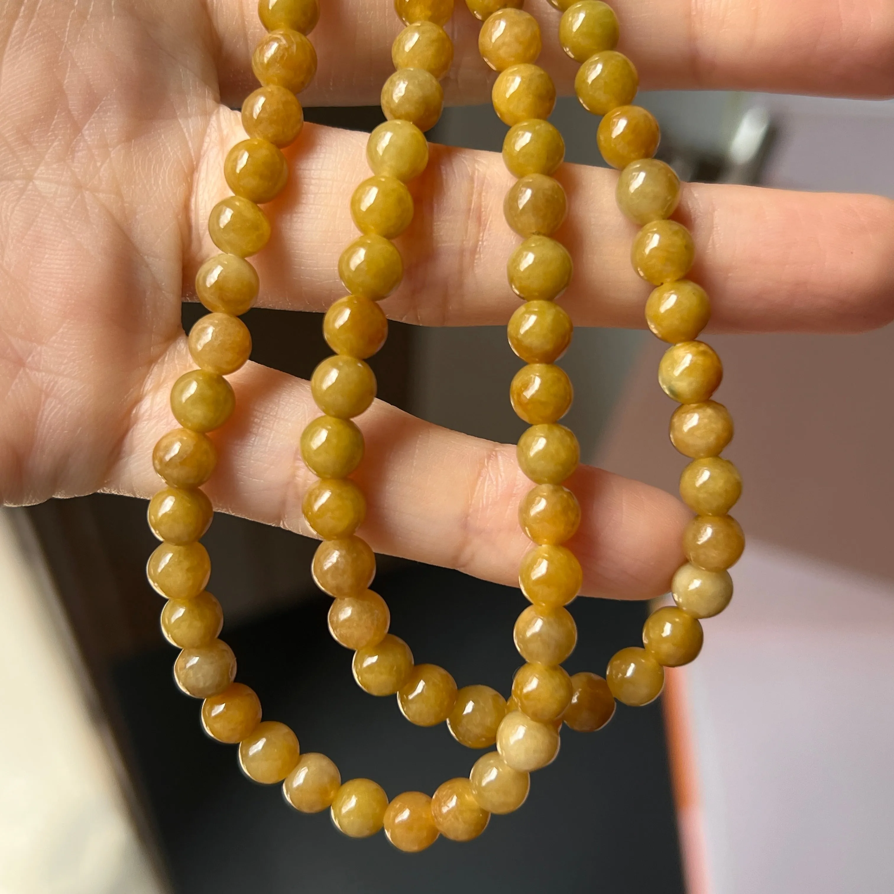 5.8mm A-Grade Natural Yellow Jadeite Bead Necklace No.190166