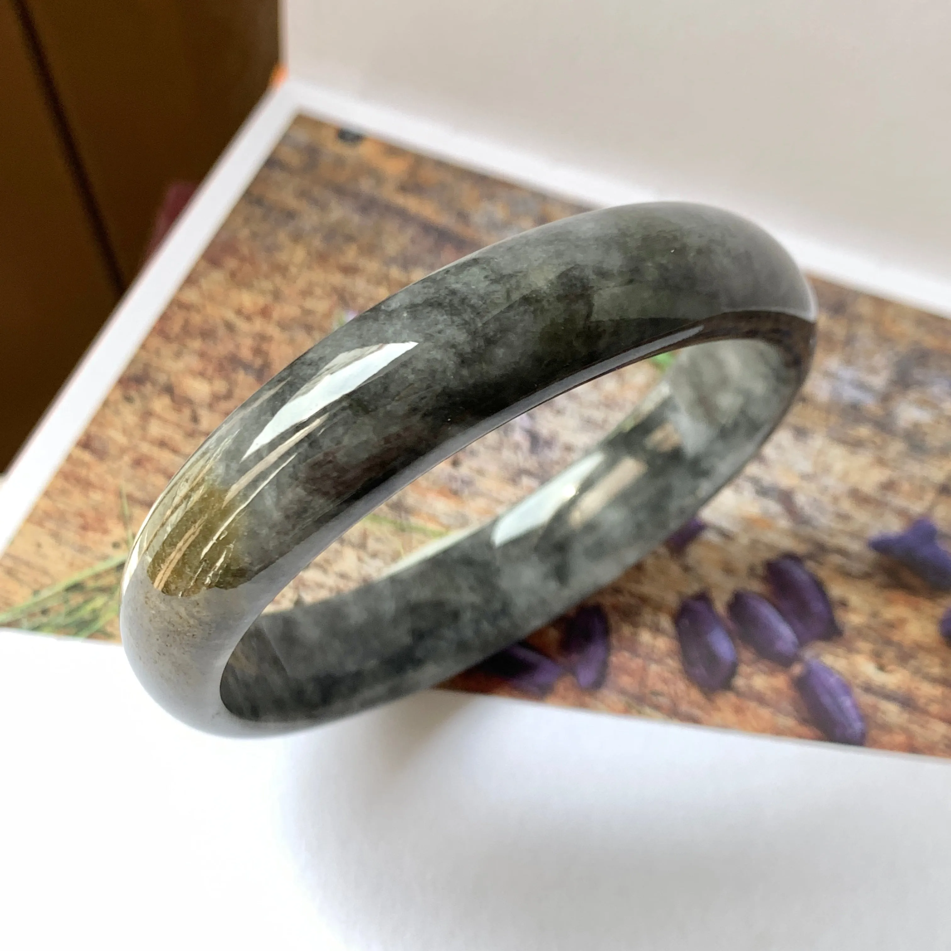 59.7mm A-Grade Natural Black Jadeite Modern Round Bangle No.151816