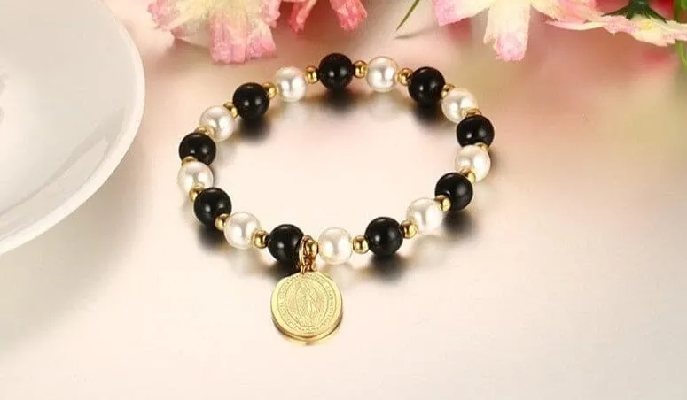 8mm Stainless Steel WWJD Saint Mary's Black Beads Bracelet