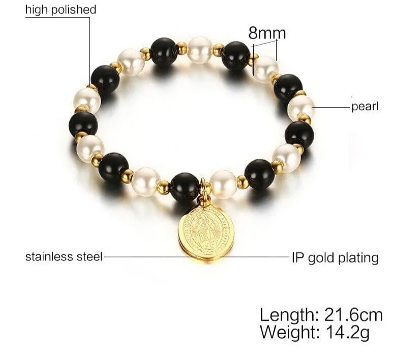 8mm Stainless Steel WWJD Saint Mary's Black Beads Bracelet