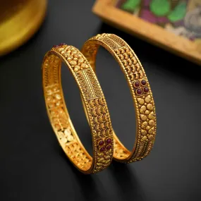 92.5 Silver Floweret Nagas Antique Bangle With Gold Polish