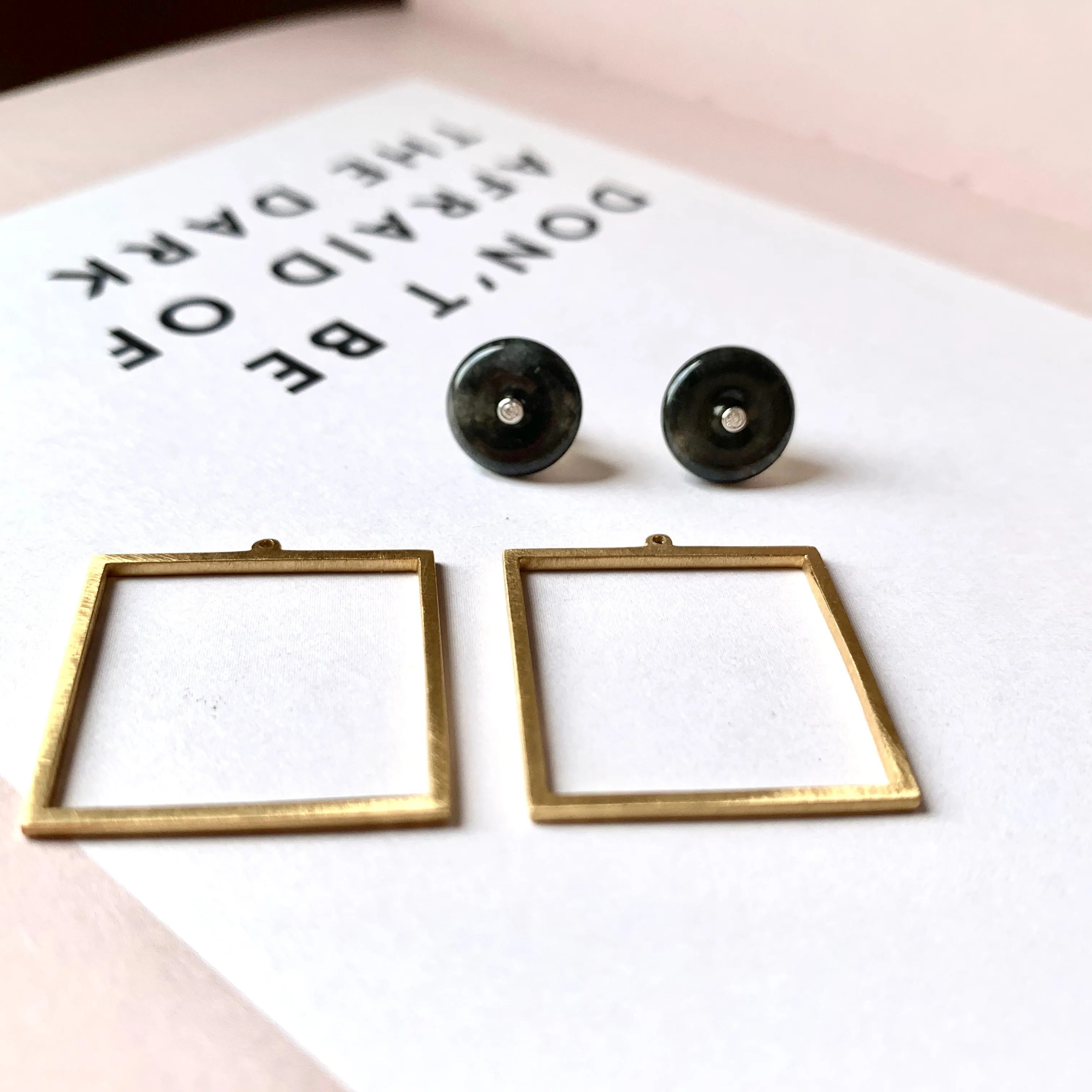 A-Grade Natural Black Jadeite Circle on Square Jacket Earring Studs No.180751