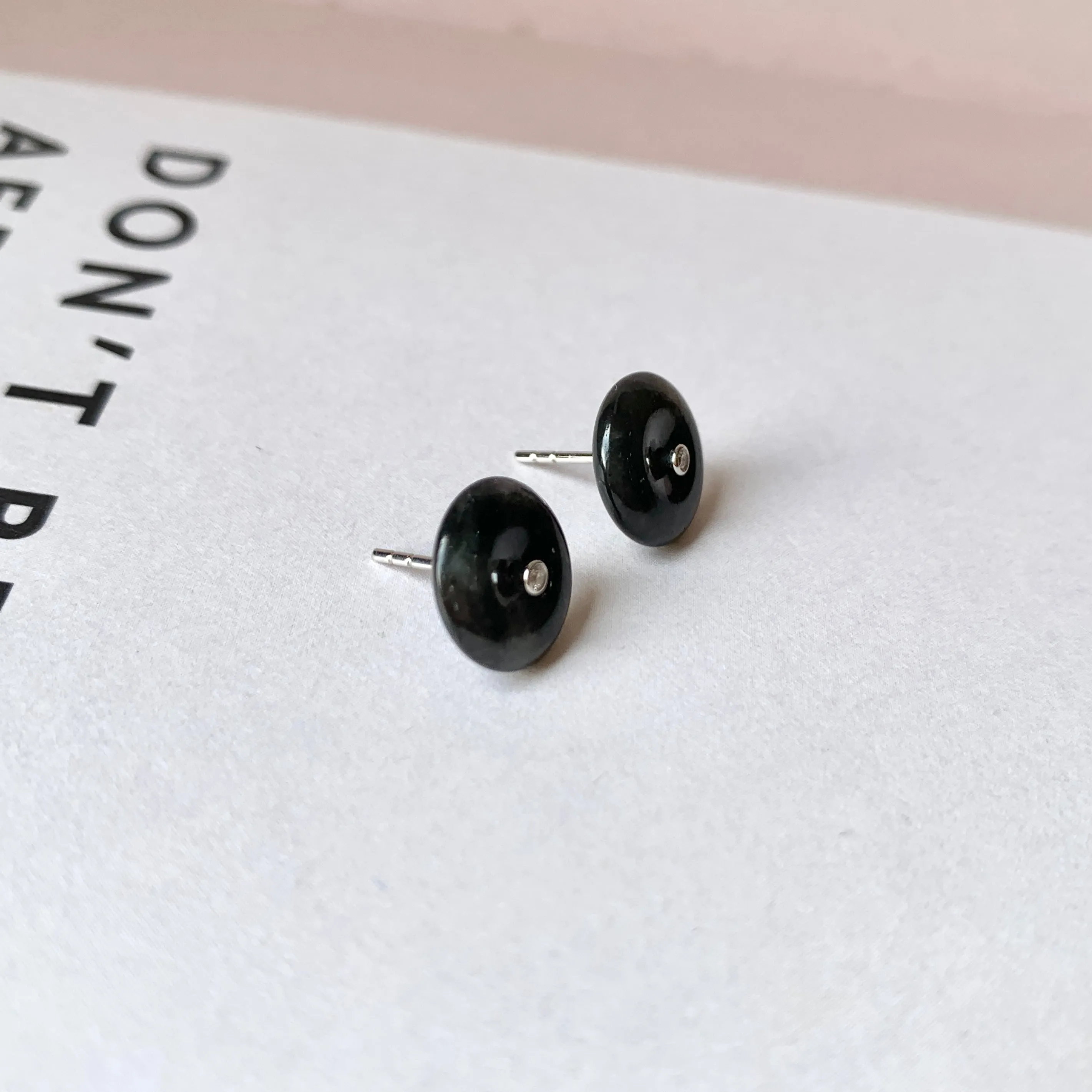 A-Grade Natural Black Jadeite Circle on Square Jacket Earring Studs No.180751