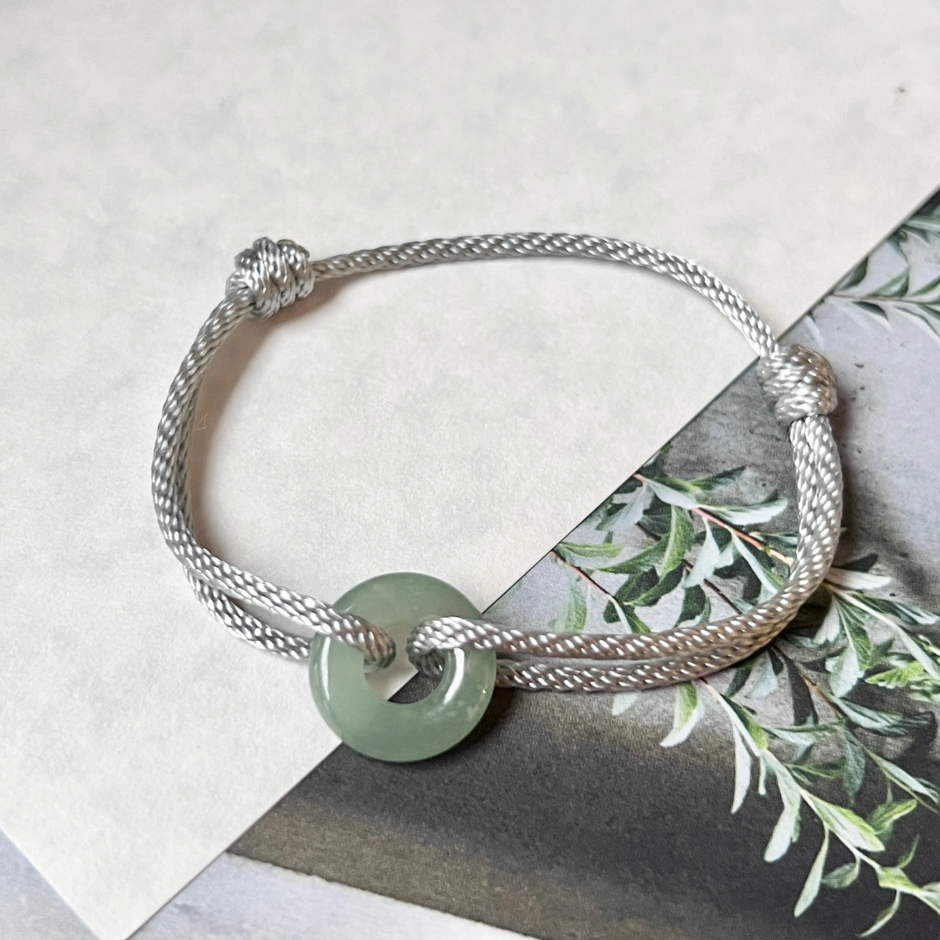 A-Grade Natural Bluish Green Jadeite Bagel on Infinity Silk Cord Bracelet No.190416