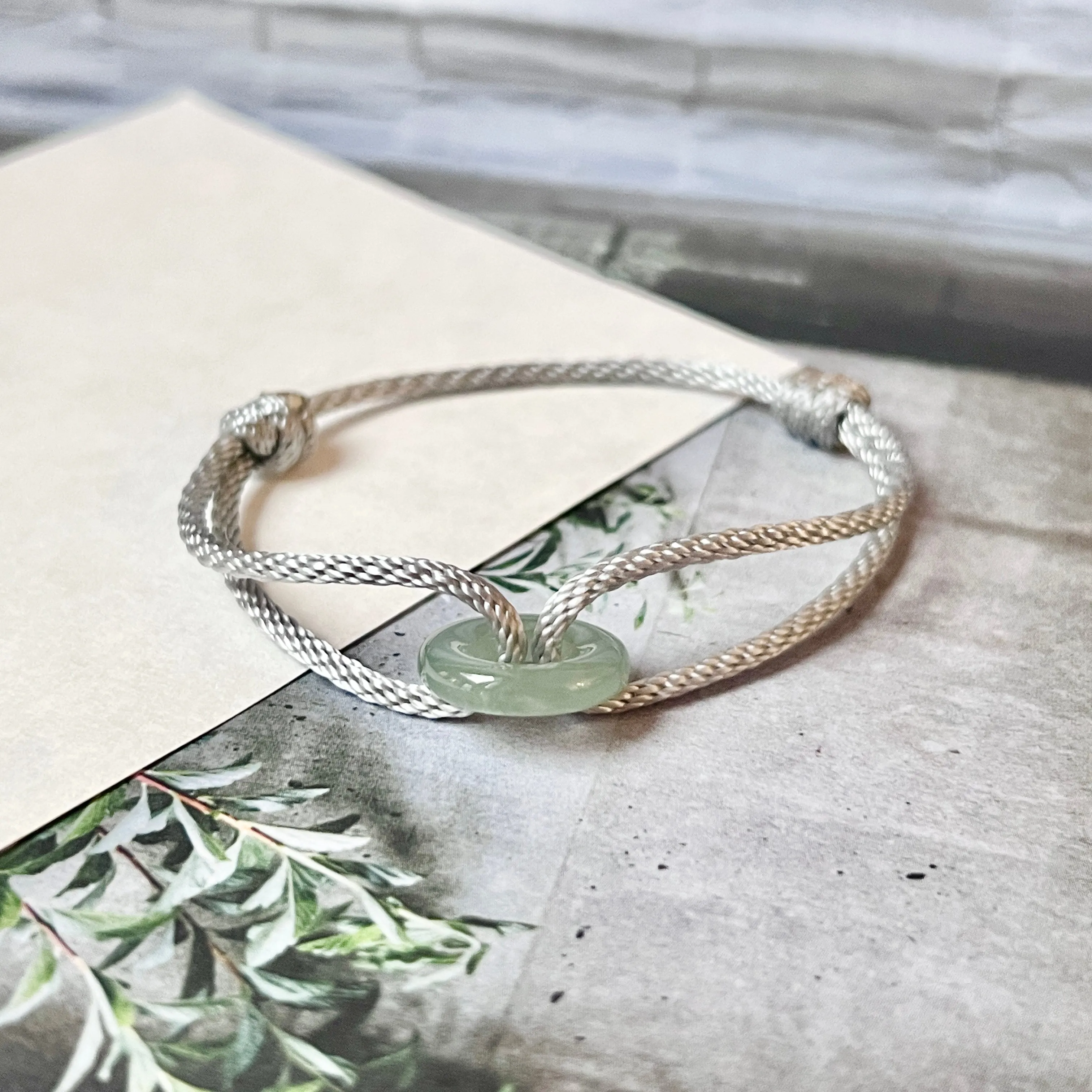 A-Grade Natural Bluish Green Jadeite Bagel on Infinity Silk Cord Bracelet No.190418