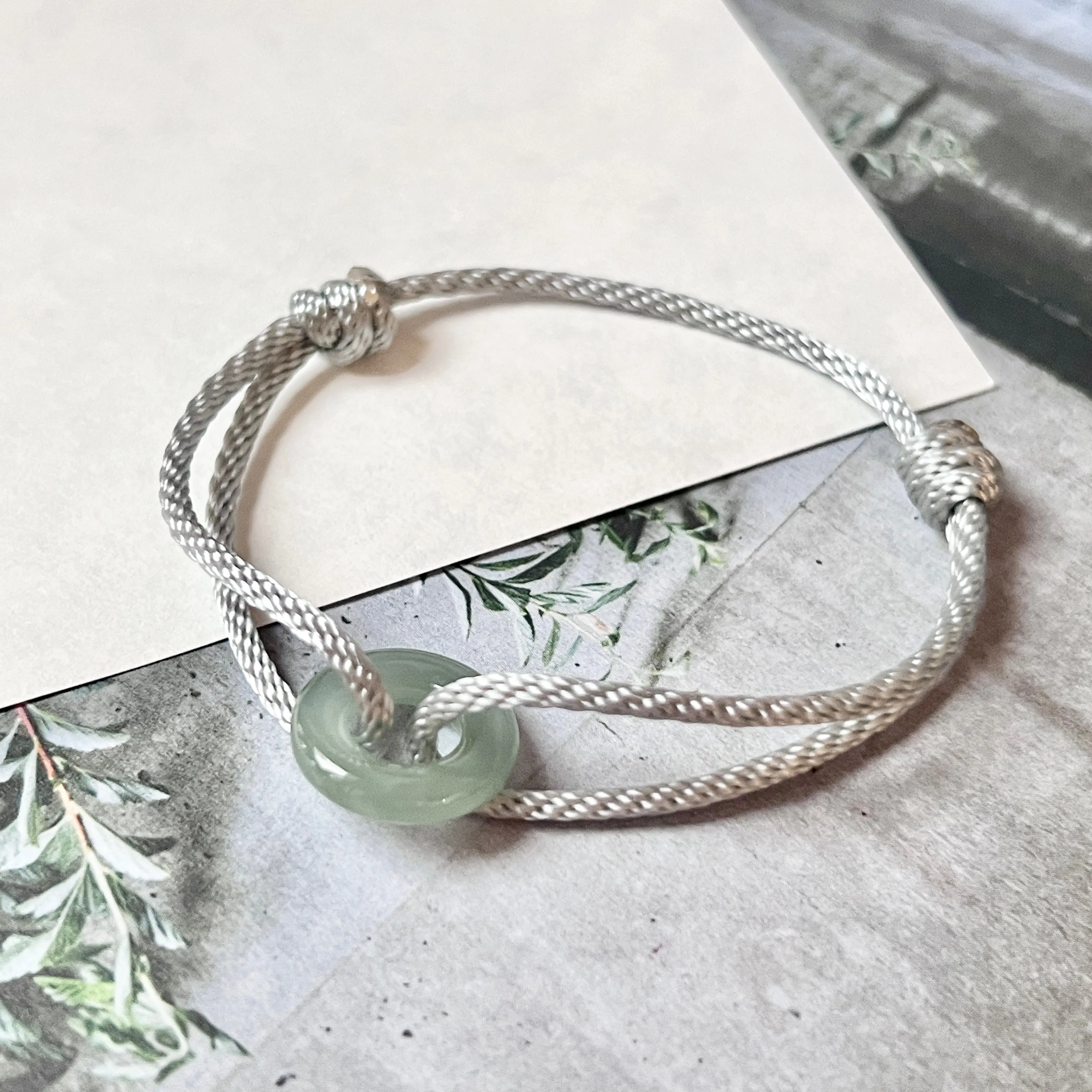 A-Grade Natural Bluish Green Jadeite Bagel on Infinity Silk Cord Bracelet No.190418