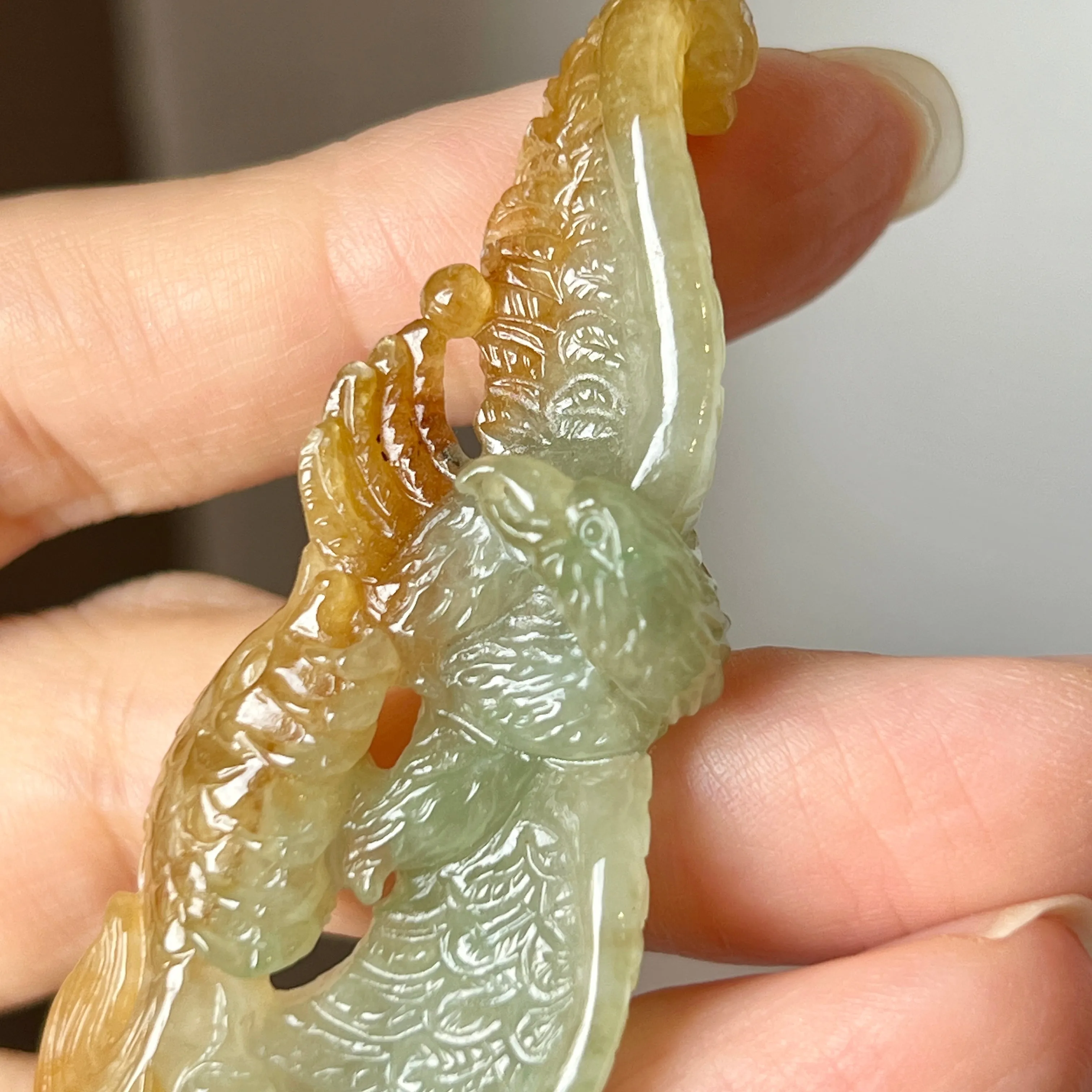 A-Grade Natural Bluish Green Yellow Jadeite Eagle Caught A Fish Pendant No.220301