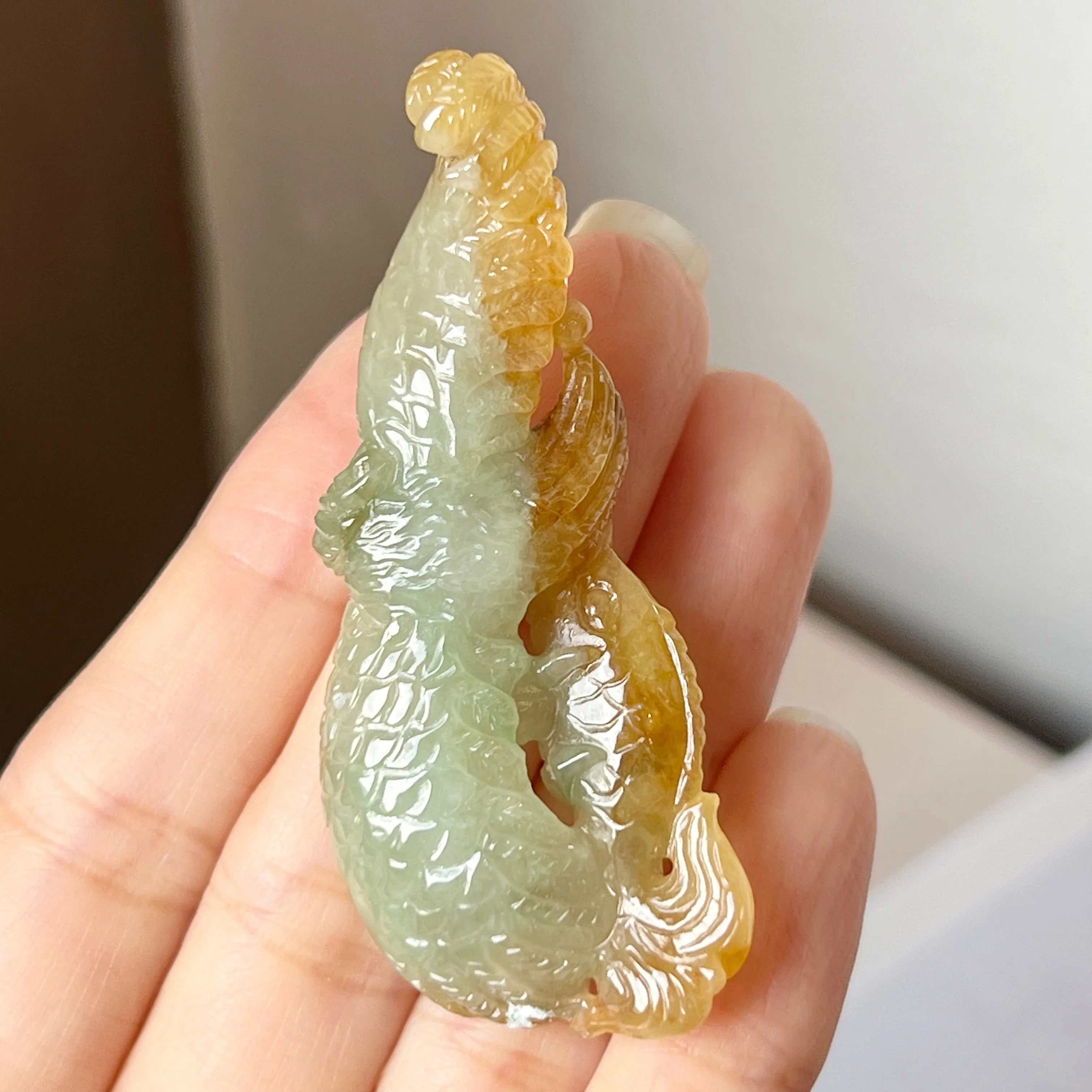 A-Grade Natural Bluish Green Yellow Jadeite Eagle Caught A Fish Pendant No.220301