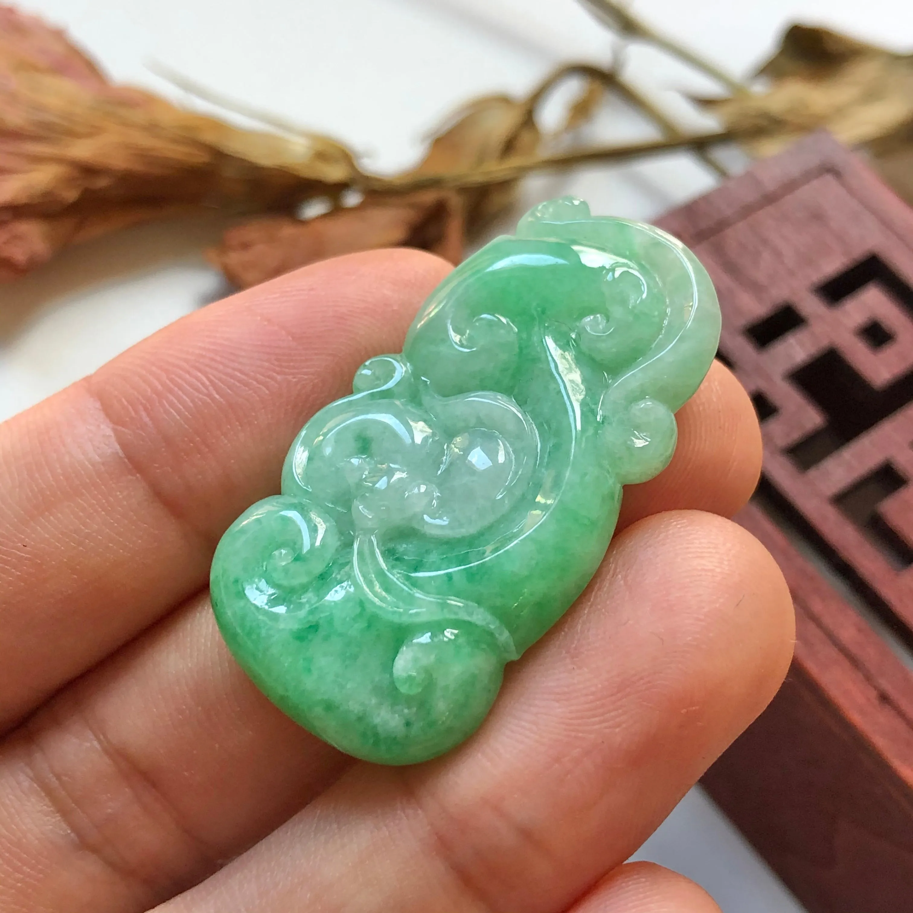 A-Grade Natural Green Jadeite Carving Of Bat & Ruyi Pendant No.220137