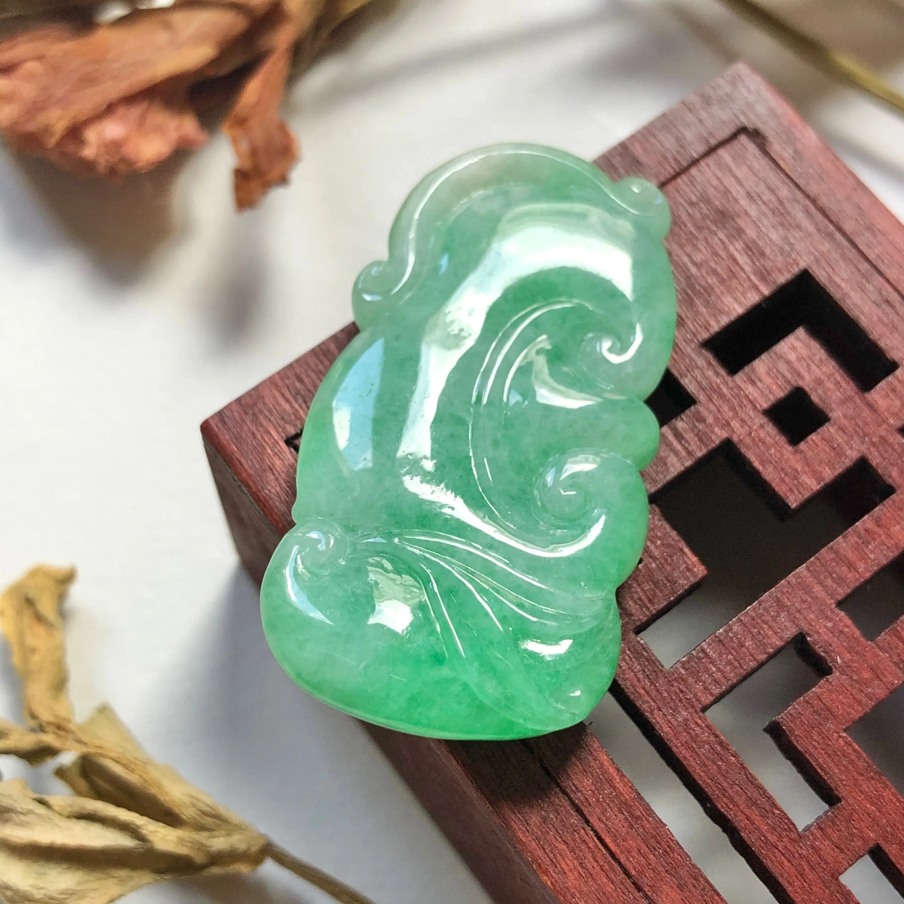 A-Grade Natural Green Jadeite Carving Of Bat & Ruyi Pendant No.220137