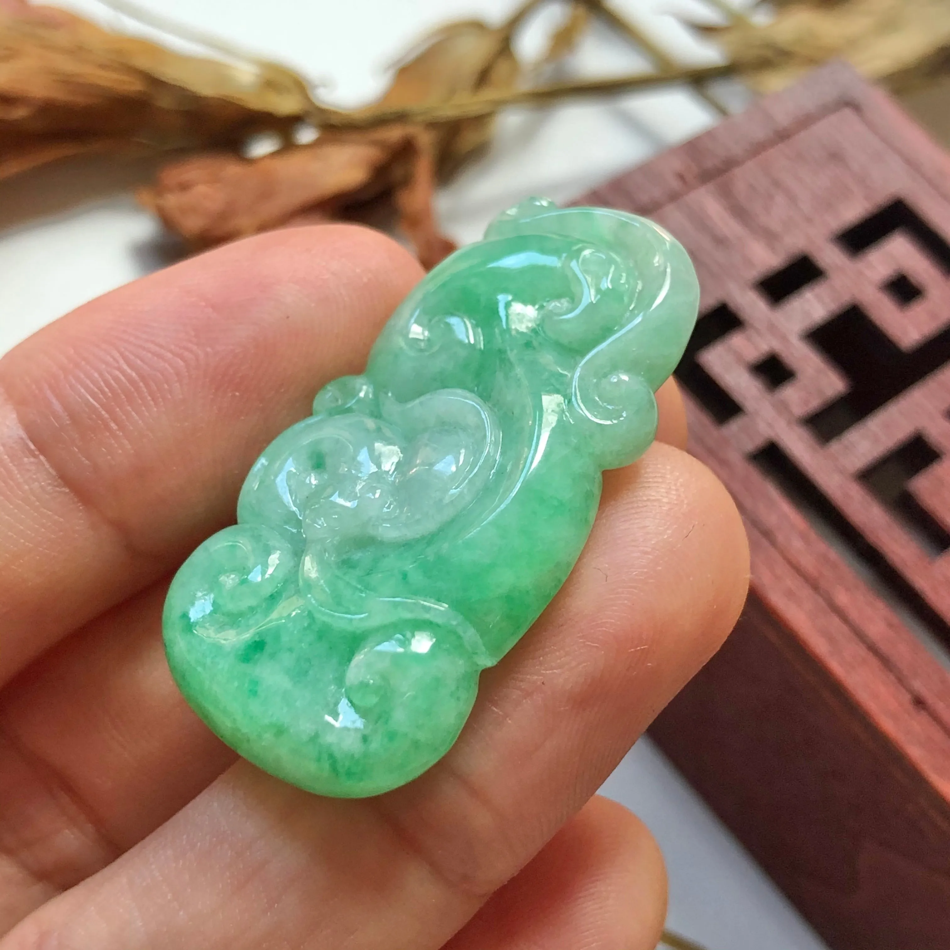 A-Grade Natural Green Jadeite Carving Of Bat & Ruyi Pendant No.220137