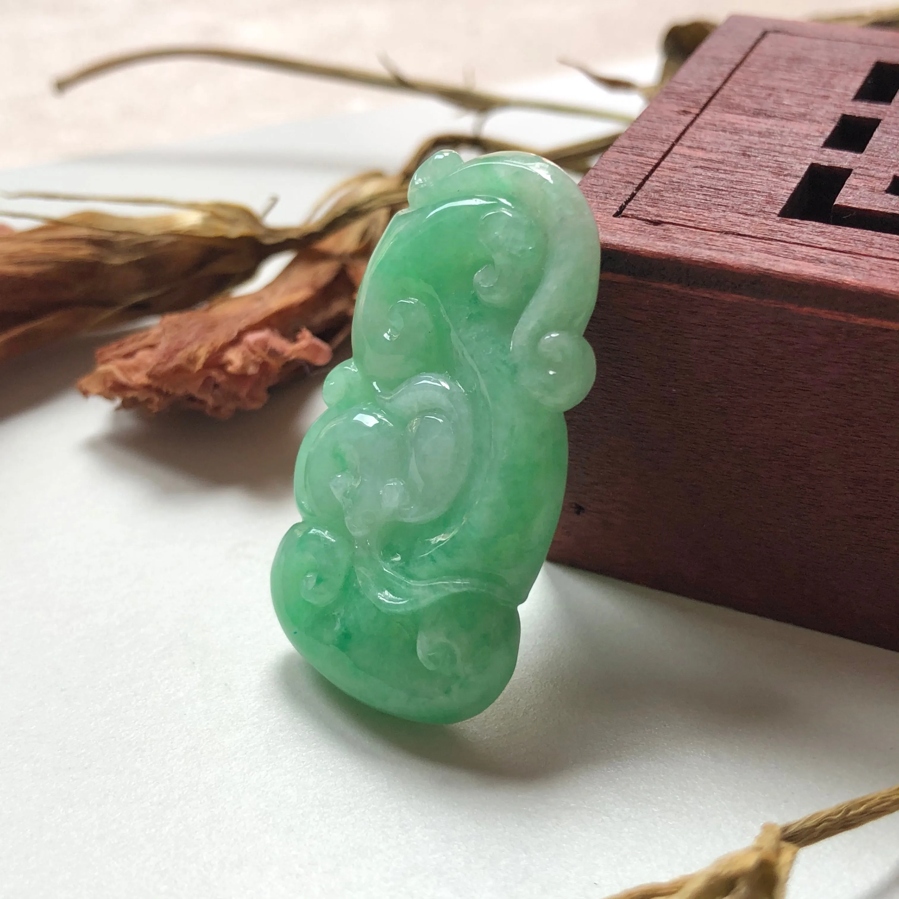 A-Grade Natural Green Jadeite Carving Of Bat & Ruyi Pendant No.220137