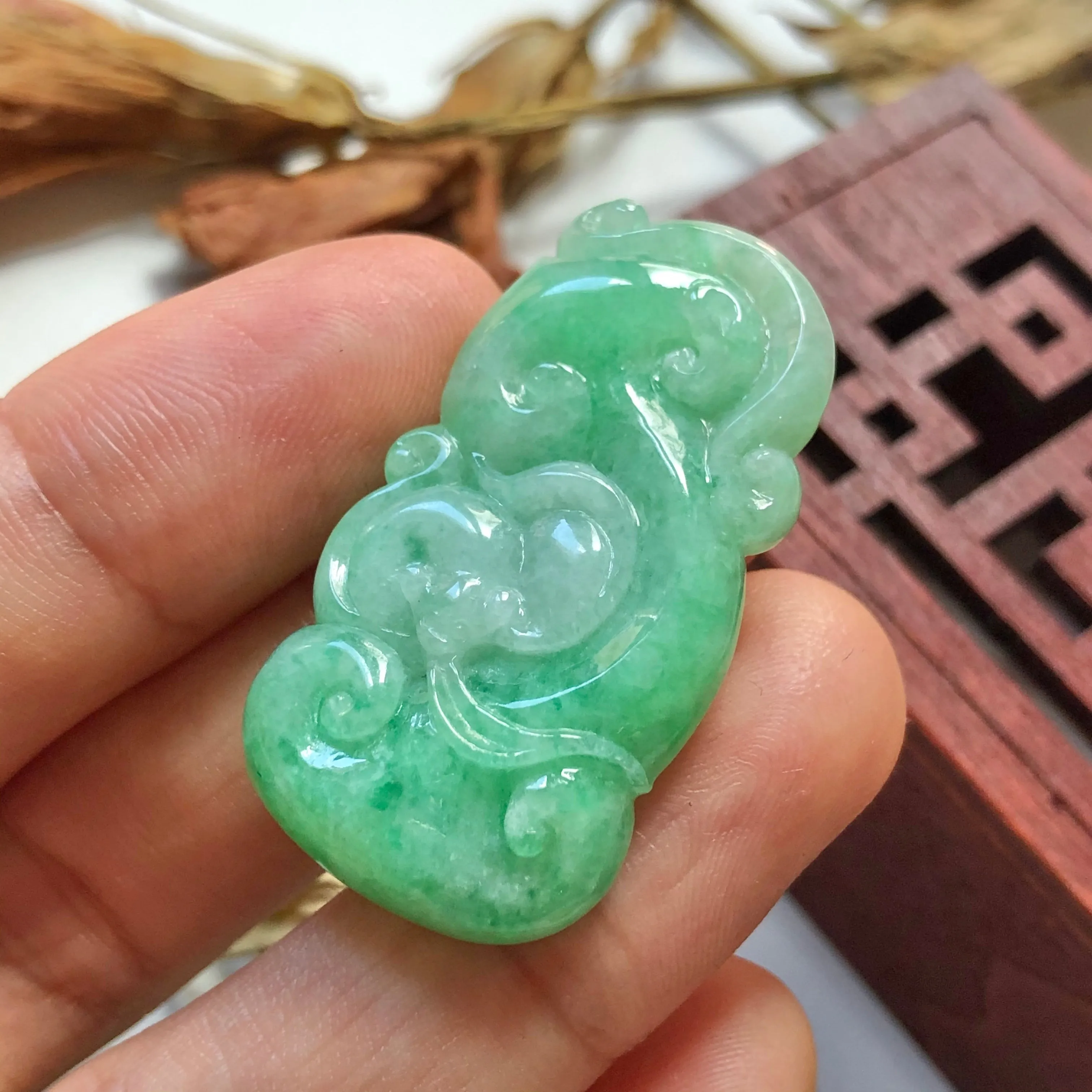 A-Grade Natural Green Jadeite Carving Of Bat & Ruyi Pendant No.220137