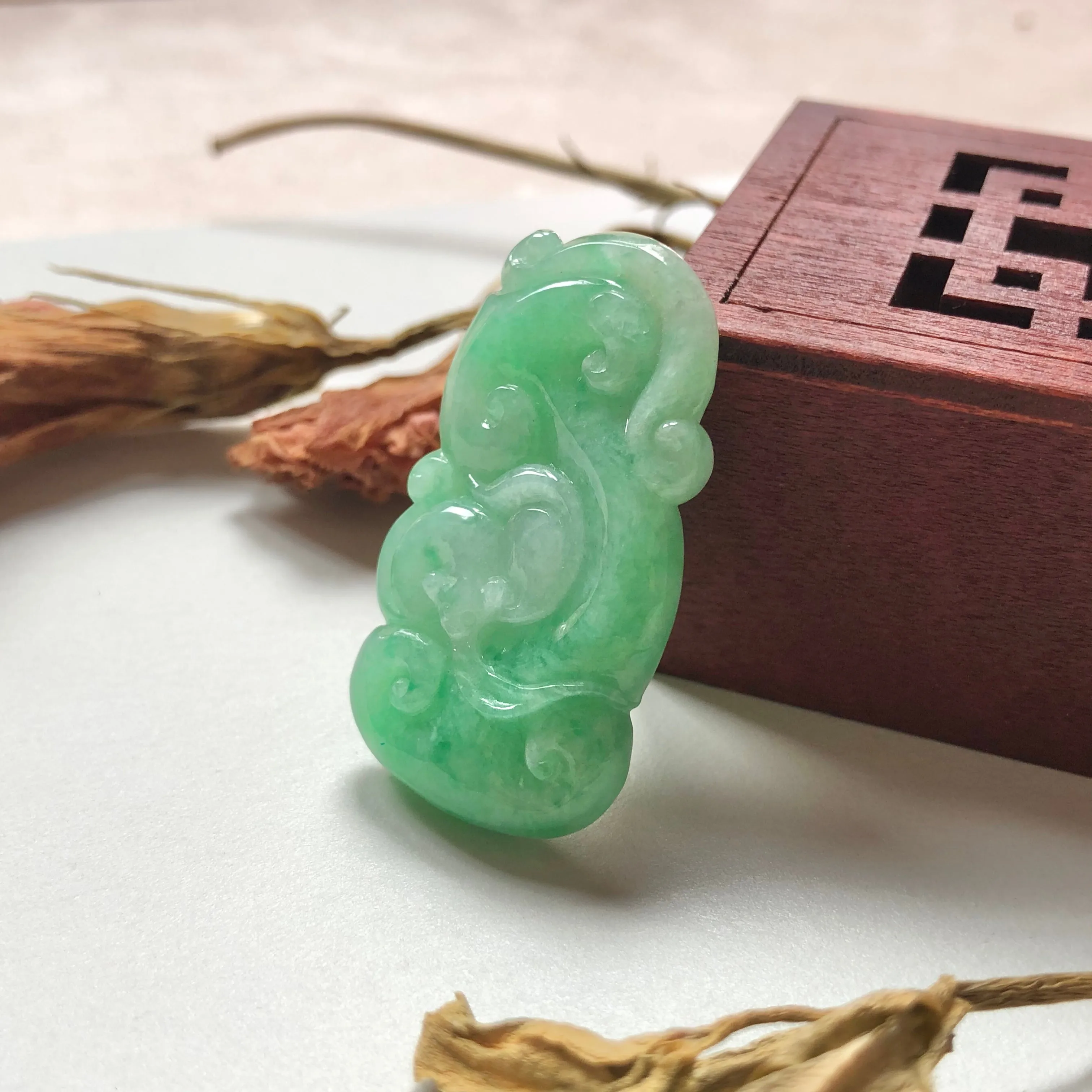 A-Grade Natural Green Jadeite Carving Of Bat & Ruyi Pendant No.220137