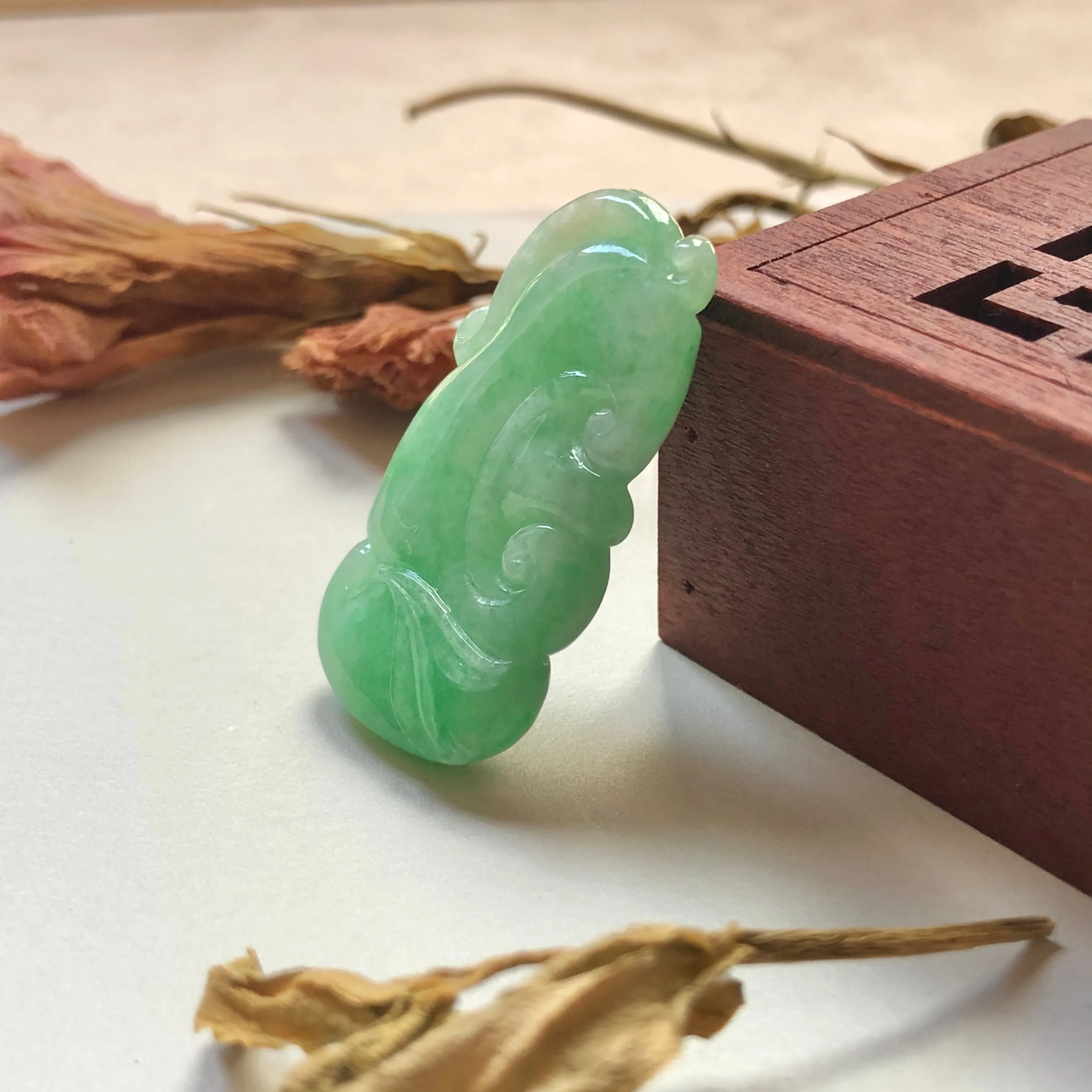 A-Grade Natural Green Jadeite Carving Of Bat & Ruyi Pendant No.220137