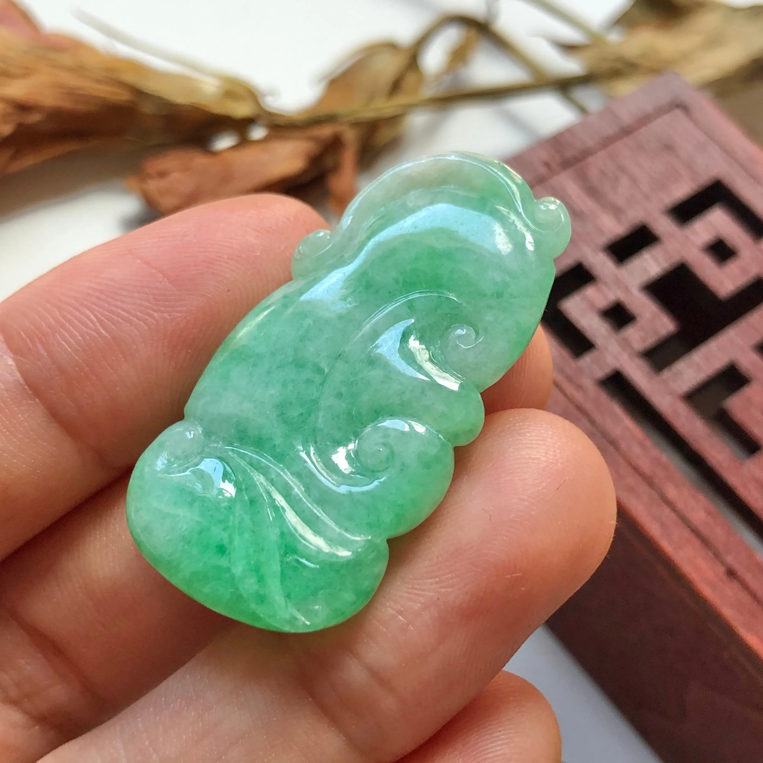 A-Grade Natural Green Jadeite Carving Of Bat & Ruyi Pendant No.220137