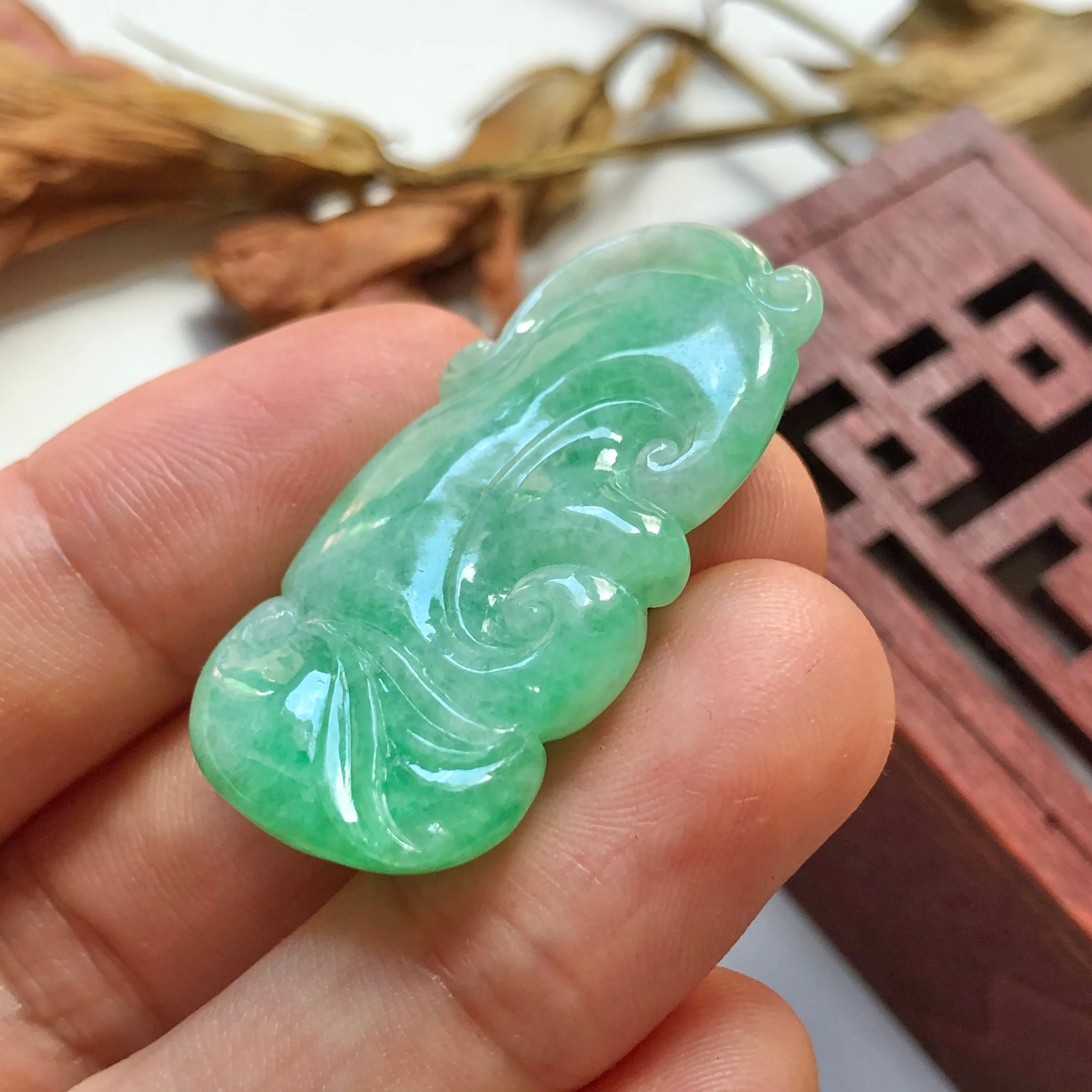 A-Grade Natural Green Jadeite Carving Of Bat & Ruyi Pendant No.220137