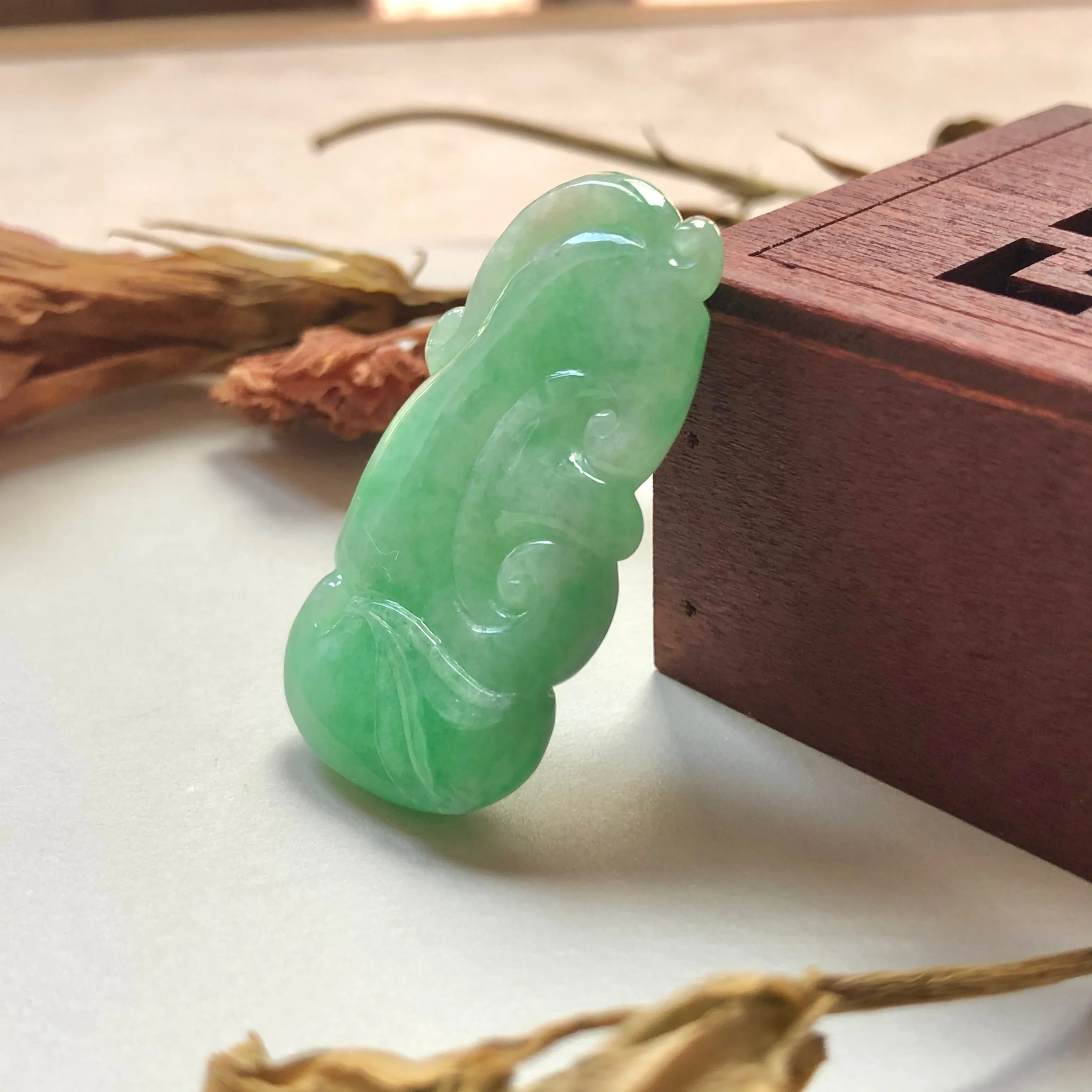 A-Grade Natural Green Jadeite Carving Of Bat & Ruyi Pendant No.220137