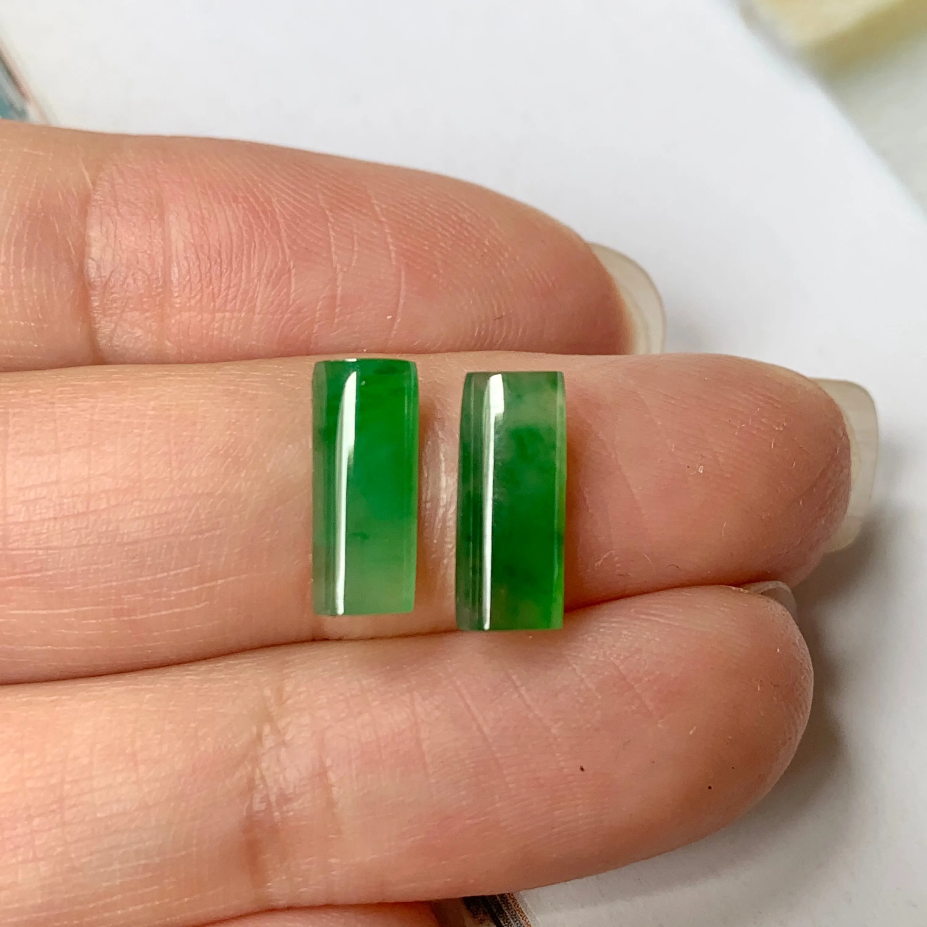 A-Grade Natural Green Jadeite Semi-cylindrical Earring Pair No.180216