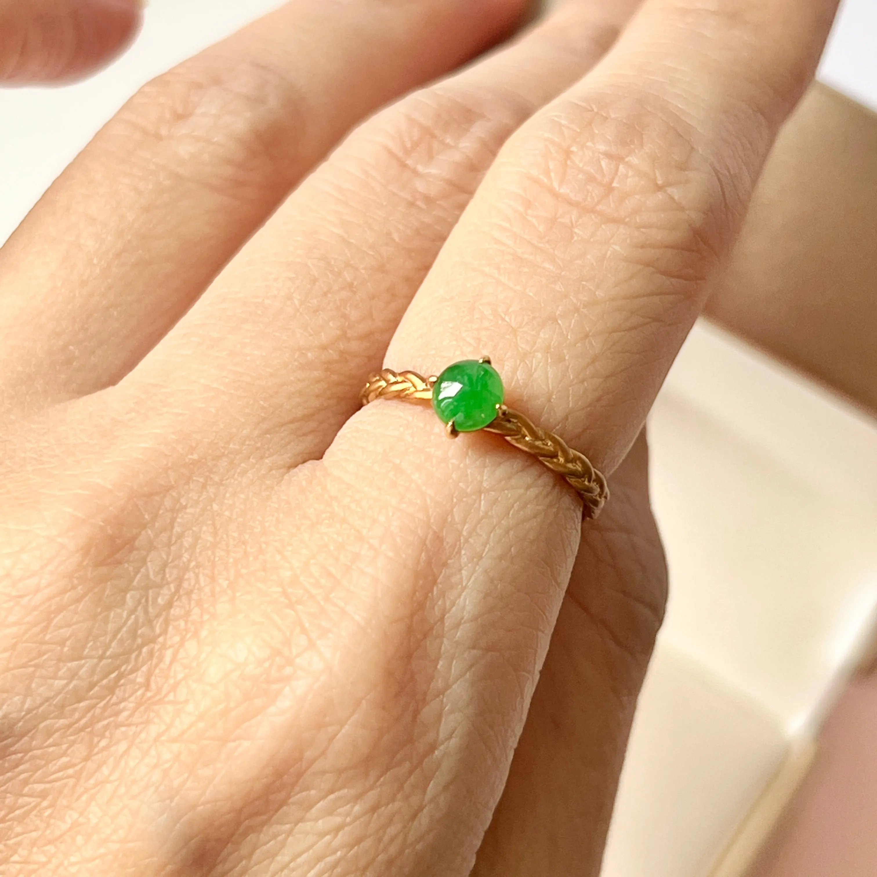 A-Grade Natural Jadeite Green Cabochon Braid Ring No.161341