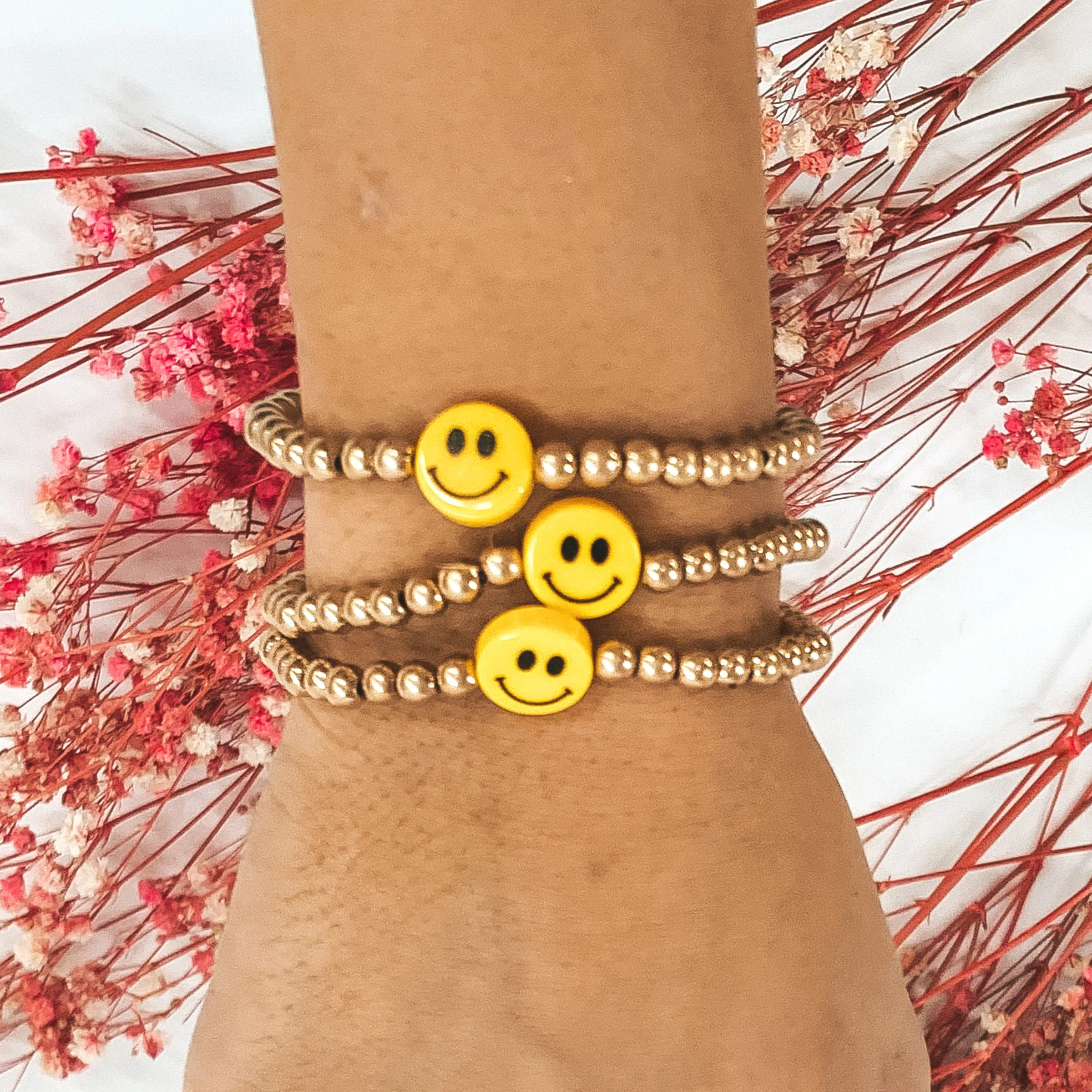 Always Smiling Gold Beaded Bracelet Set with Happy Faces in Yellow