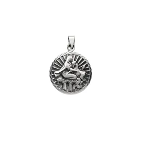 Antique Finish Virgo Zodiac Sign Round Pendant (Silver)