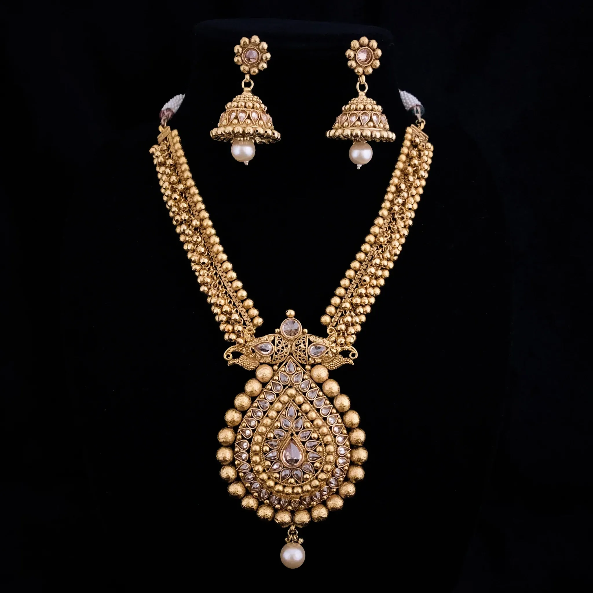 Antique Gold Statement Necklace Set with Gungroo gold beads and LCD Stones