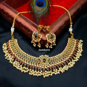 Antique Matte Gold Red & Green Kemp Guttapusalu Necklace set