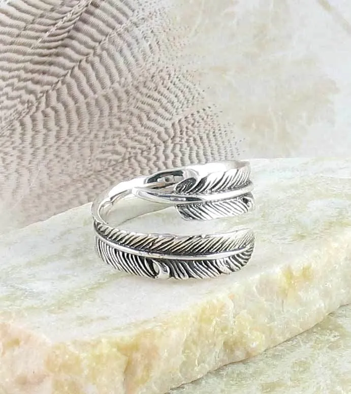 Antiqued Feather Wrap Ring - Adjustable