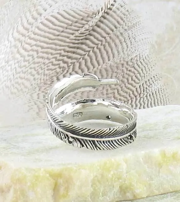 Antiqued Feather Wrap Ring - Adjustable