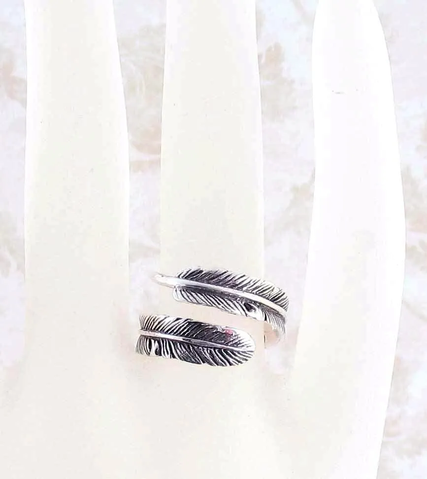 Antiqued Feather Wrap Ring - Adjustable