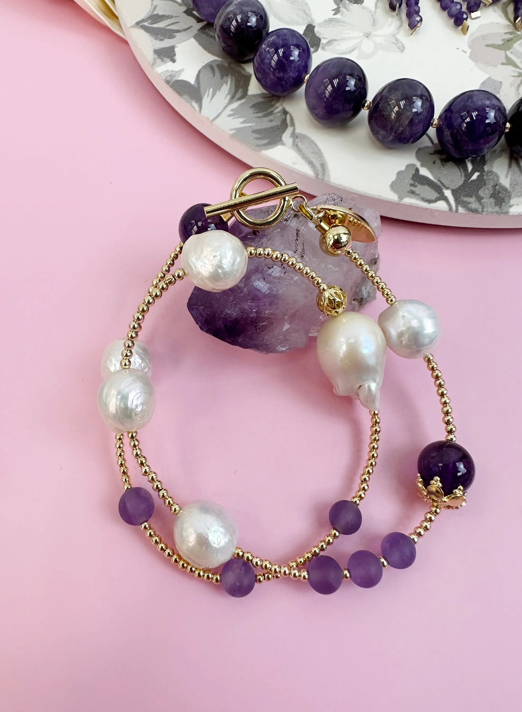 Baroque Pearl with Amethyst Double Layers Bracelet/Choker JB010