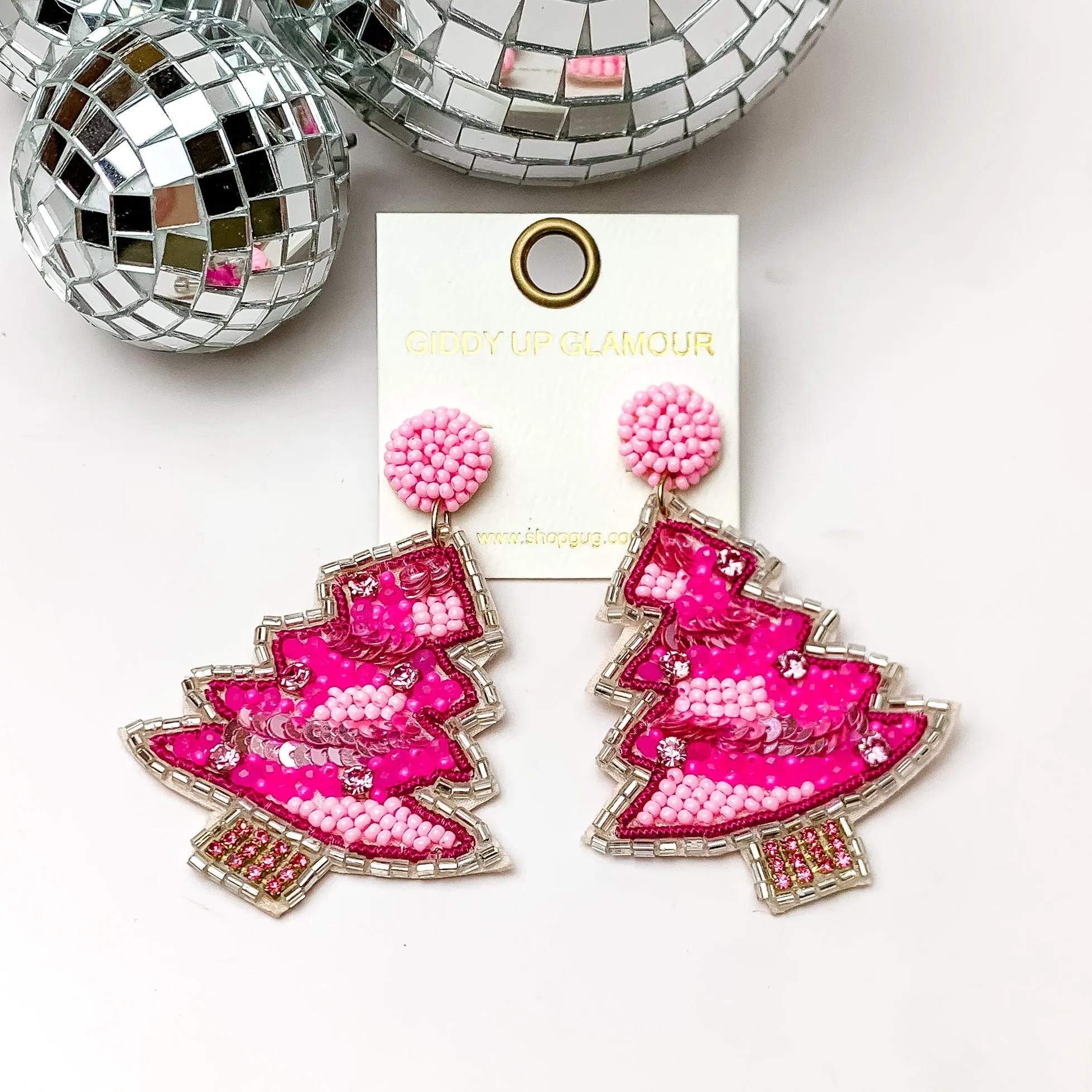 Beaded Christmas Tree Earrings with a Silver Outline in a Pink Mix