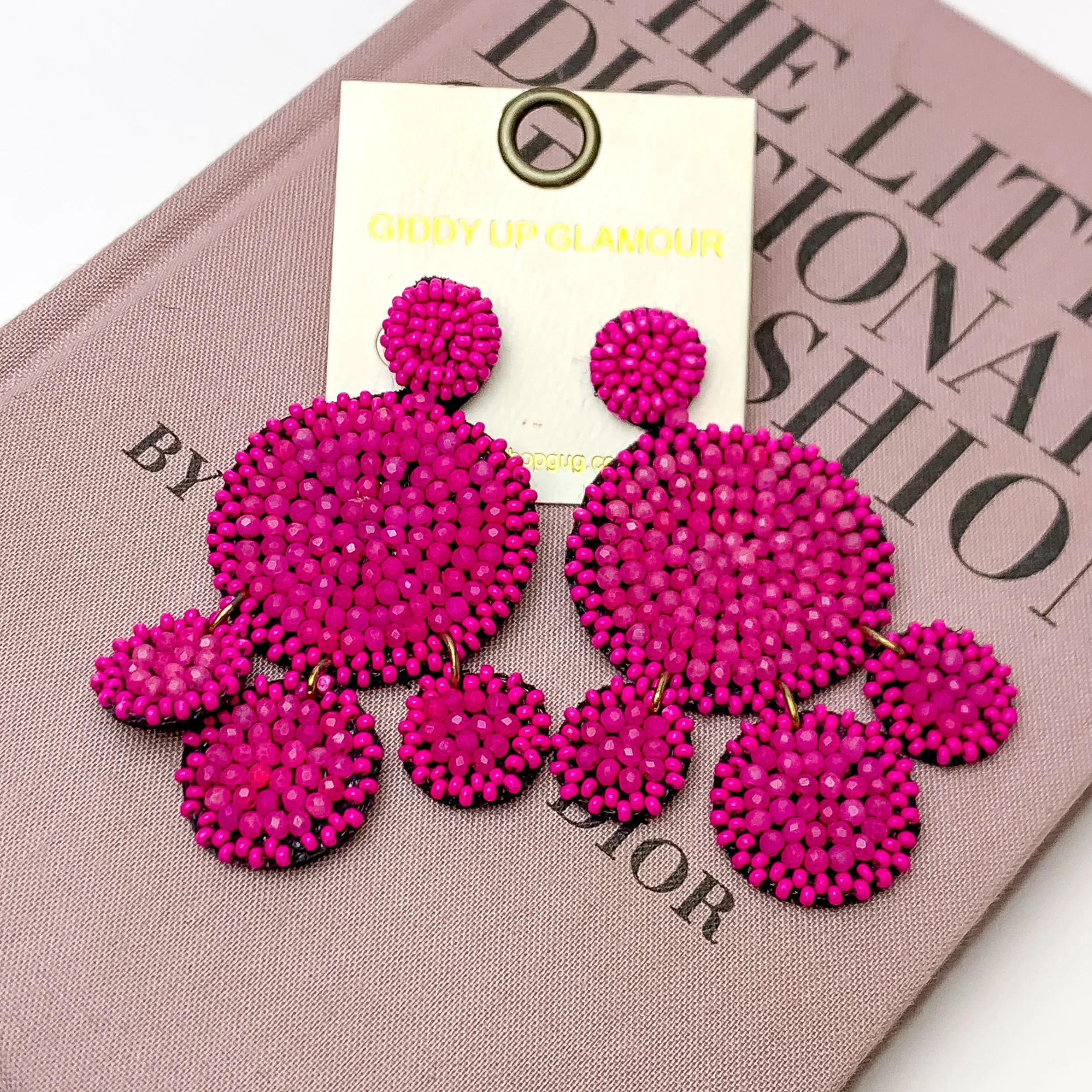 Beaded Circle Drop Statement Earrings in Fuchsia Pink