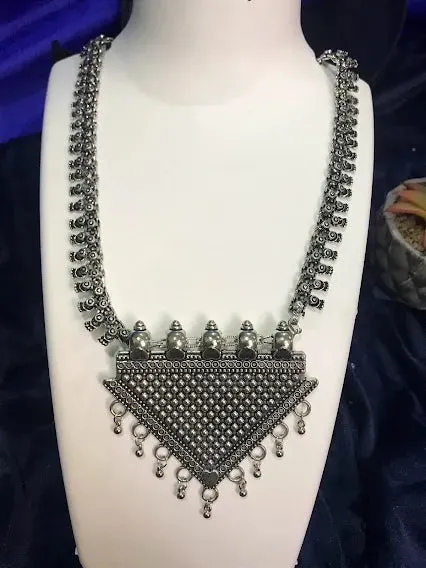 Beautiful Silver Plated Oxidized Tribal Triangular Pendant Beaded Necklace