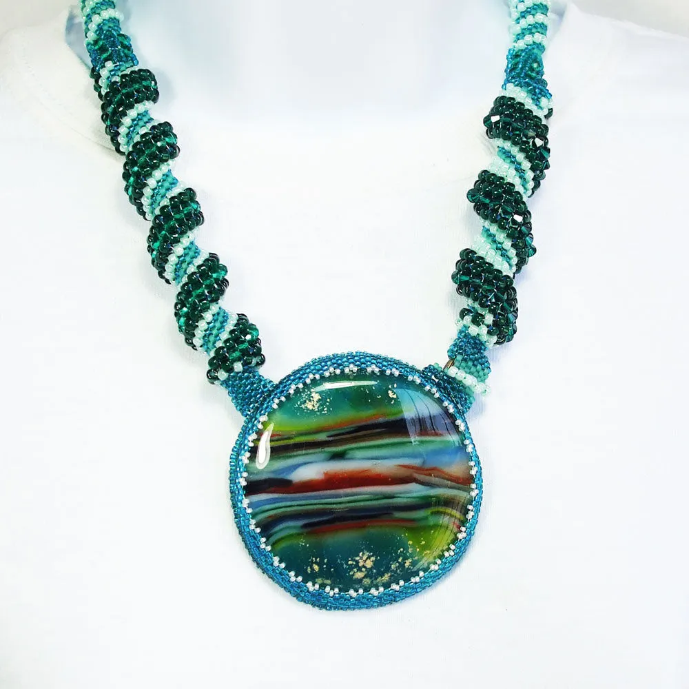 Becca. Cabochon Pendant, Melted Glass, Seed Bead Spiral Necklace